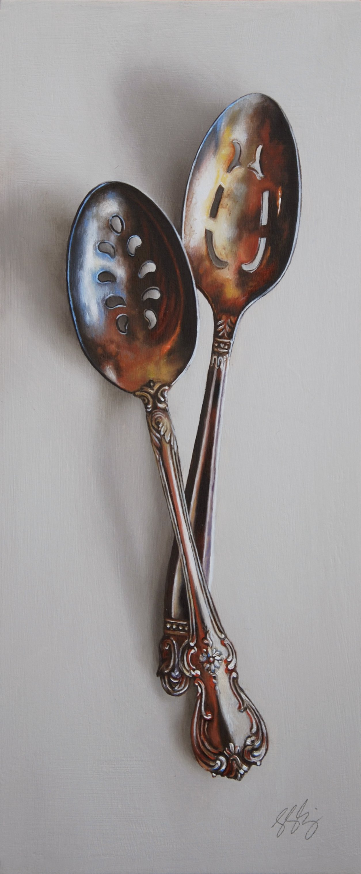   Silver Pair #31, The Vaudevillian and The Physicist  Oil on panel, 2023. 12”x5” 