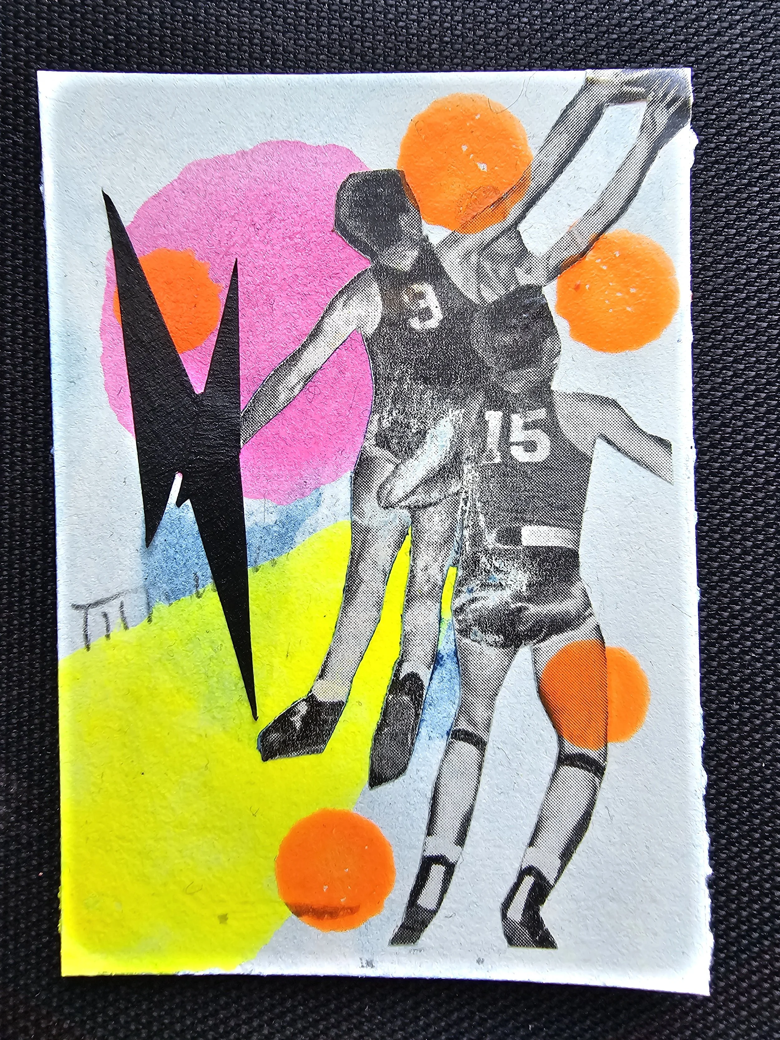 Sportsball Activity, 2025, Mixed media on Arches Paper 2.5x3.5 inches, $100