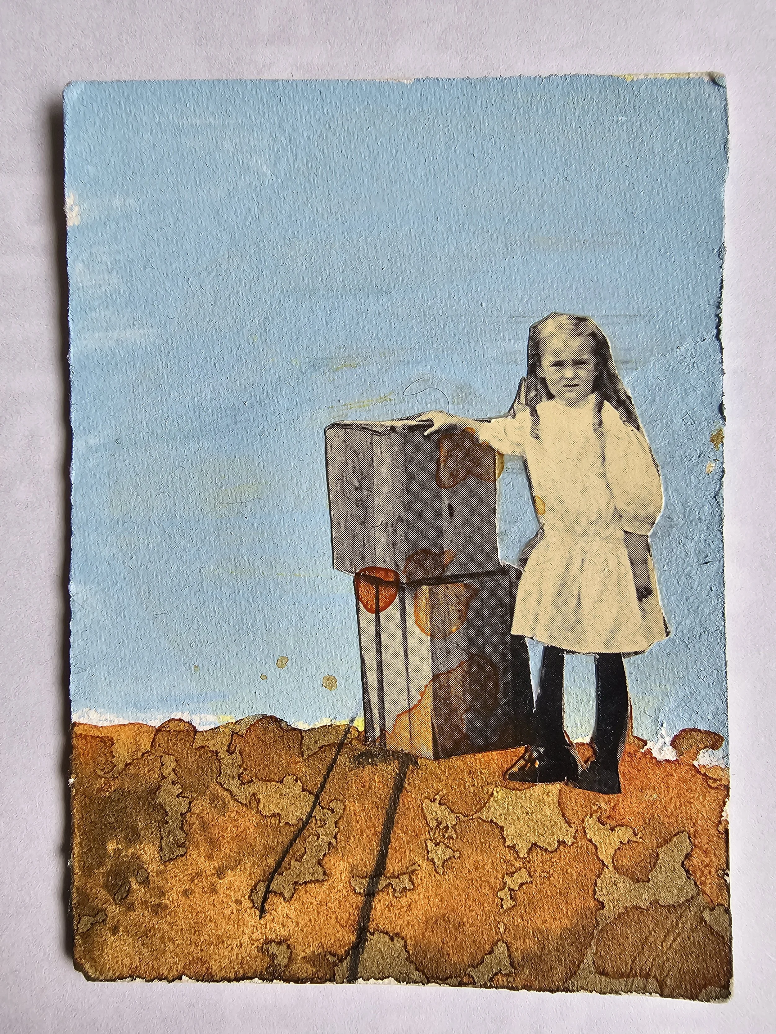 Mean Place (to work), 2025, Mixed media on Arches Paper 2.5x3.5 inches, $100