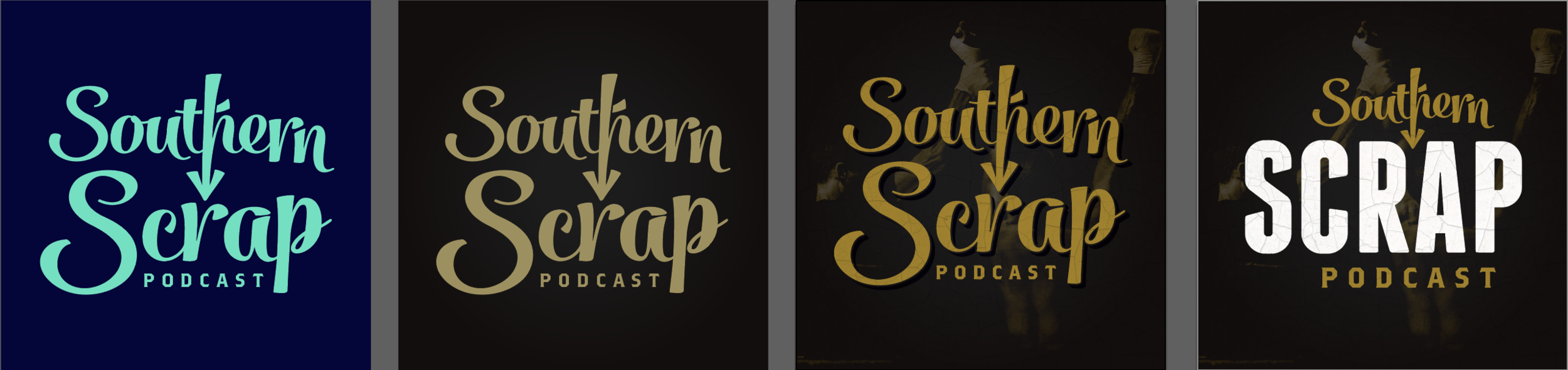The customized script font definitely brings personality and conjures up that 'southern charm'. The arrow in the letter 'h' makes the typography unique and is a clear visual play on the title of the podcast. But it just wasn't right. Above you can see my progression to a more muted, traditional color scheme and addressing the typography. All the script text was just too soft and friendly; I had over-corrected from that cliche "Monster Energy" look.