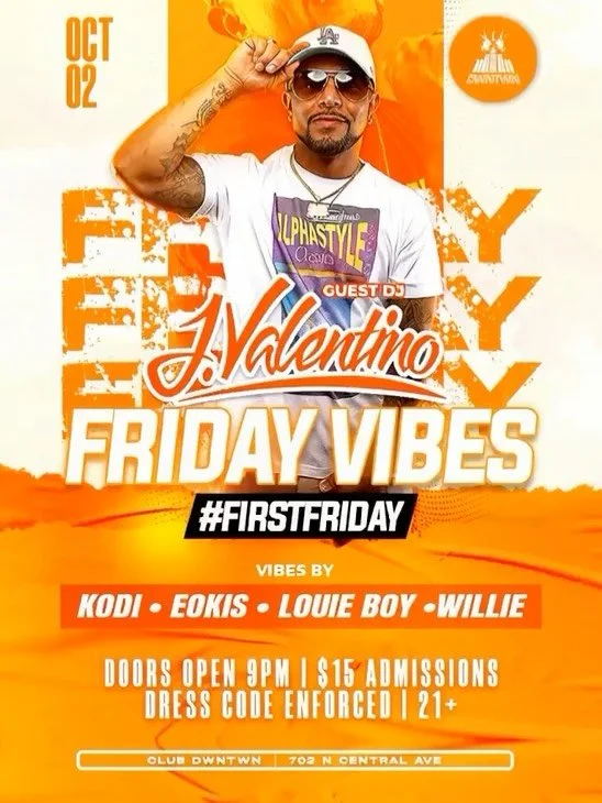 Friday forecast: 100% chance of great music, amazing drinks, and unforgettable vibes with @jvalentino at Club Dwntwn. 🎧✨ Don&rsquo;t miss out!

21+ | $15 admission
Dress code enforced
Doors open 9PM | 702 N Central Ave.

@vdjkodi @djeokis @djlouiebo
