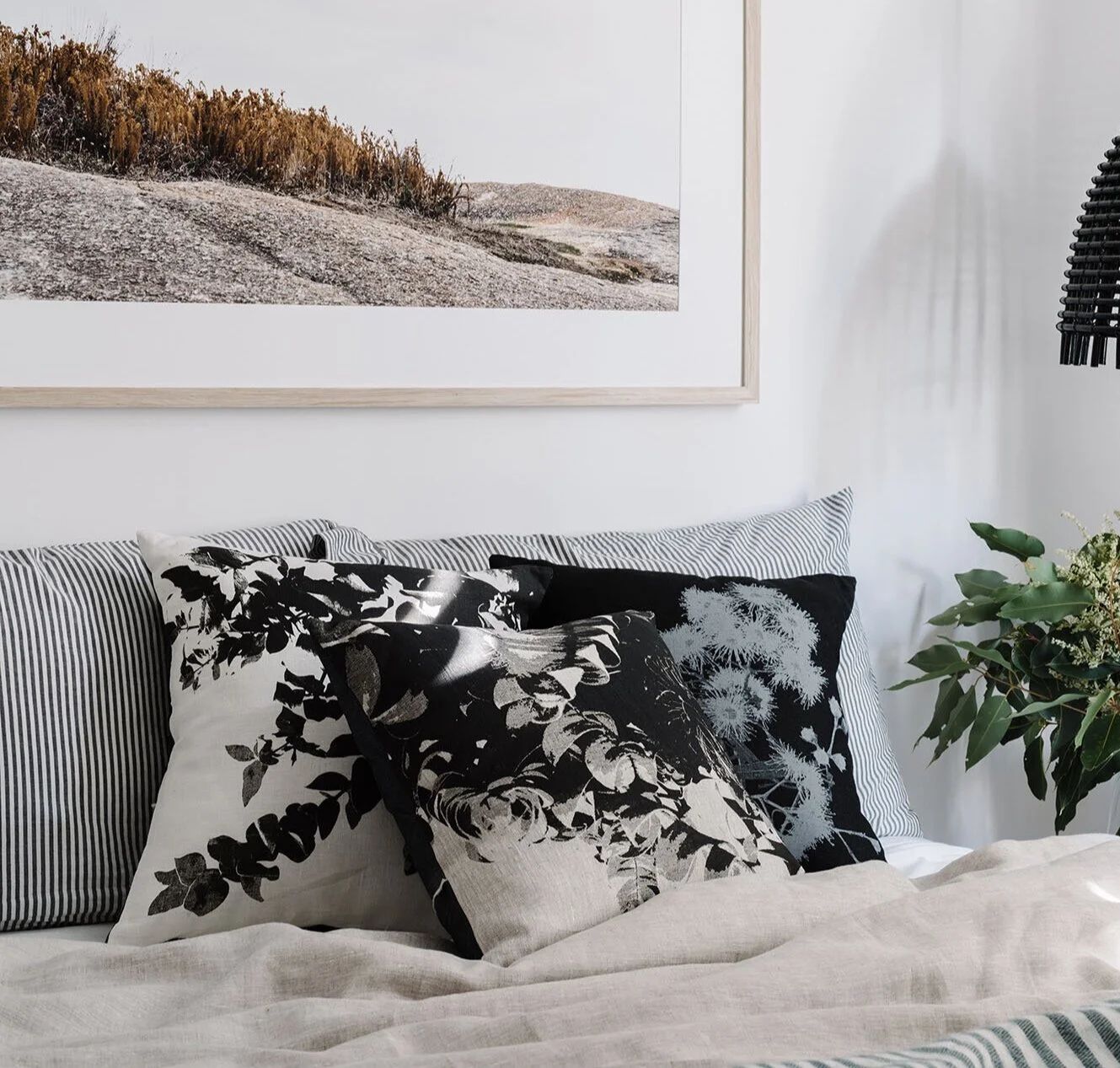 Hand Printed Linen Cushion - Banksia Leaves
