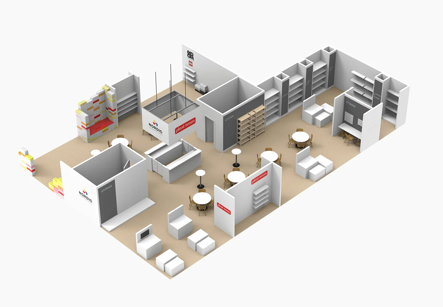    Ambiente Fair stand design  Client: Nordic Houseware Group Location: Denmark Year: 2019   Concept and design of the stand at Ambiente, Frankfurt. The 245 m2 was divided into different zones, representing 2 brands: Plast team and ROOM Copenhagen.  