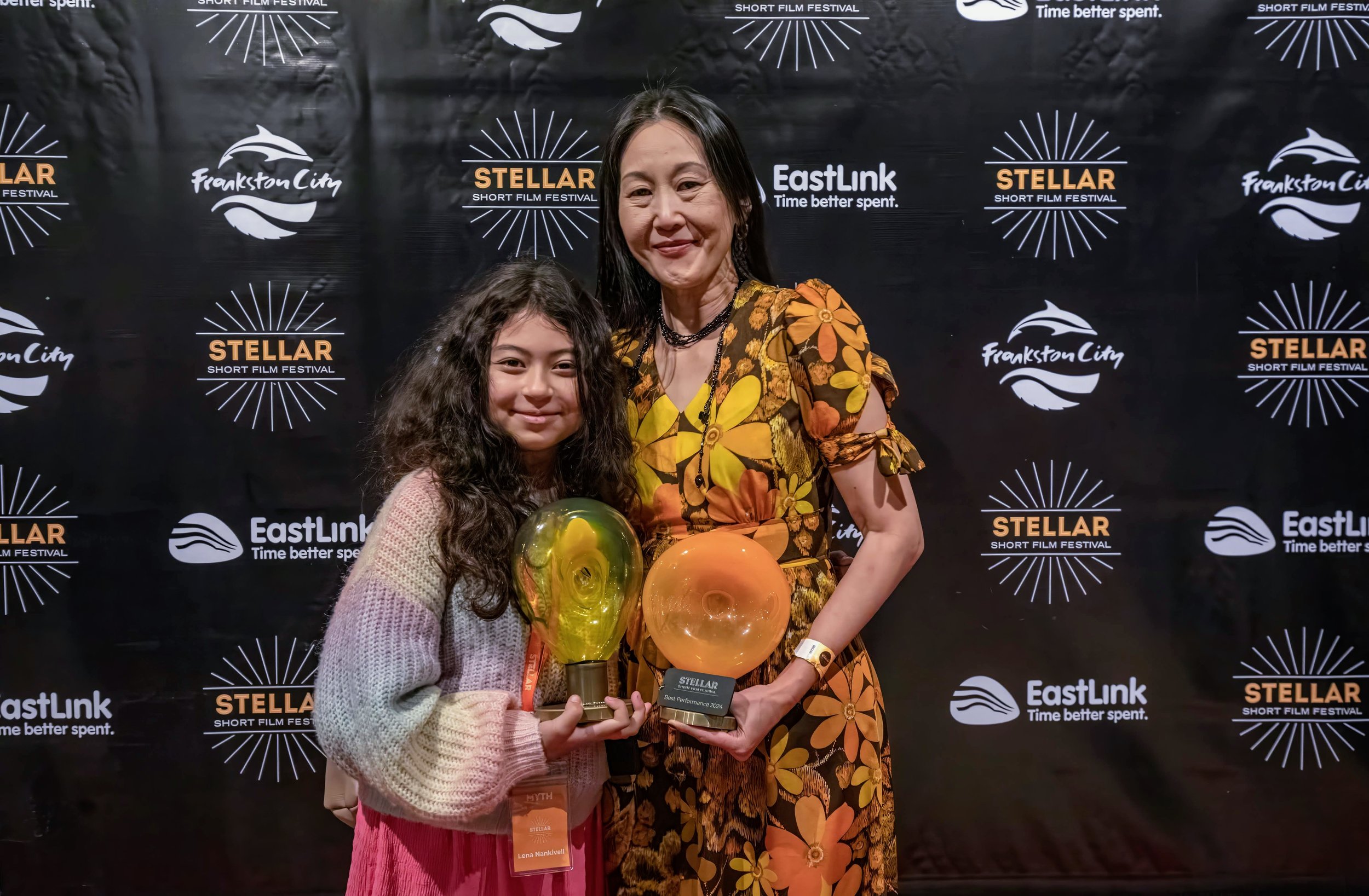  Lena Nankivell and Sel Hiew together, with their awards for their performances in Myth and Jia respectively. 