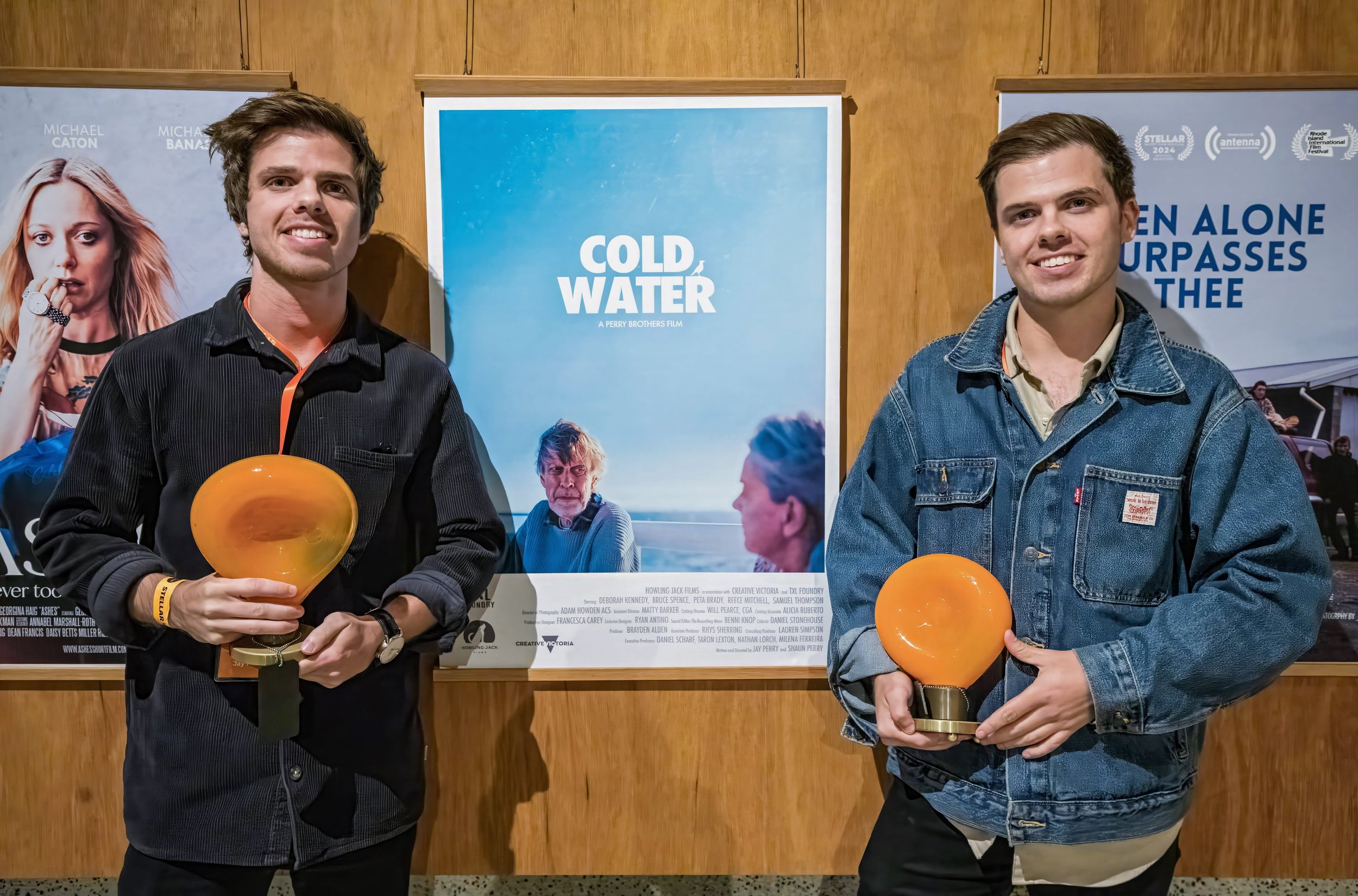  Jay and Shaun Perry with their awards for Cold Water - selected by the judges for Best Screenplay and by the Stellar audience for the Audience Choice award. 
