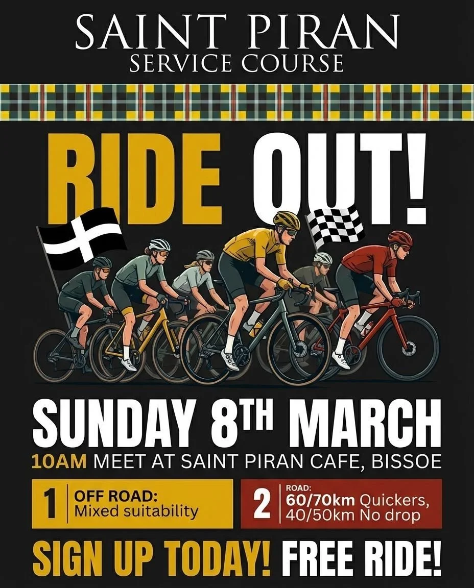 🚴&zwj;♂️ SAINT PIRAN SERVICE COURSE &ndash; RIDE OUT 🚴&zwj;♀️
📅 Sunday 8th March
⏰ Meet 10am
📍 Saint Piran Caf&eacute;, Bissoe

Make a day of it &mdash; this ride lines up perfectly with our Bike Jumble + live music back at the caf&eacute; 🎶☕️

