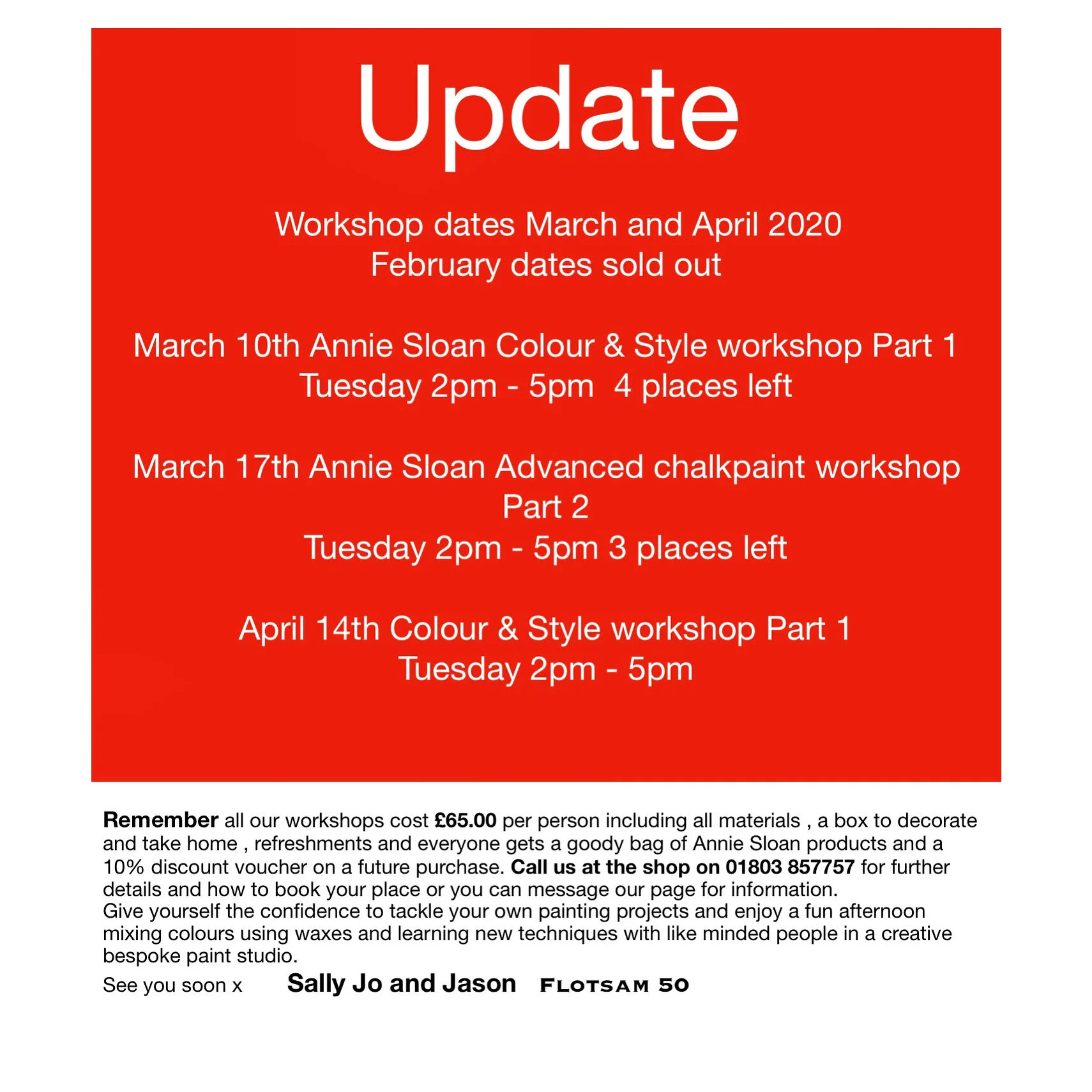 Annie Sloan Chalk Paint Work Shop news for March and April 2020