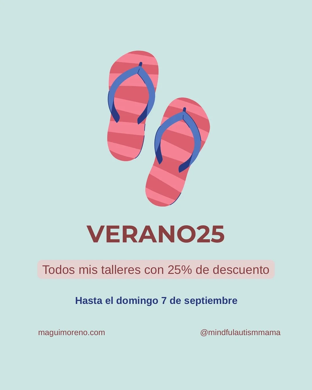 El verano est&aacute; a punto de terminar, pero he decidido ampliar una semana m&aacute;s el descuento: hasta el domingo 7 de septiembre, todos mis talleres de acceso inmediato est&aacute;n con un 25% de descuento. 🤩

Son recursos para madres y padr