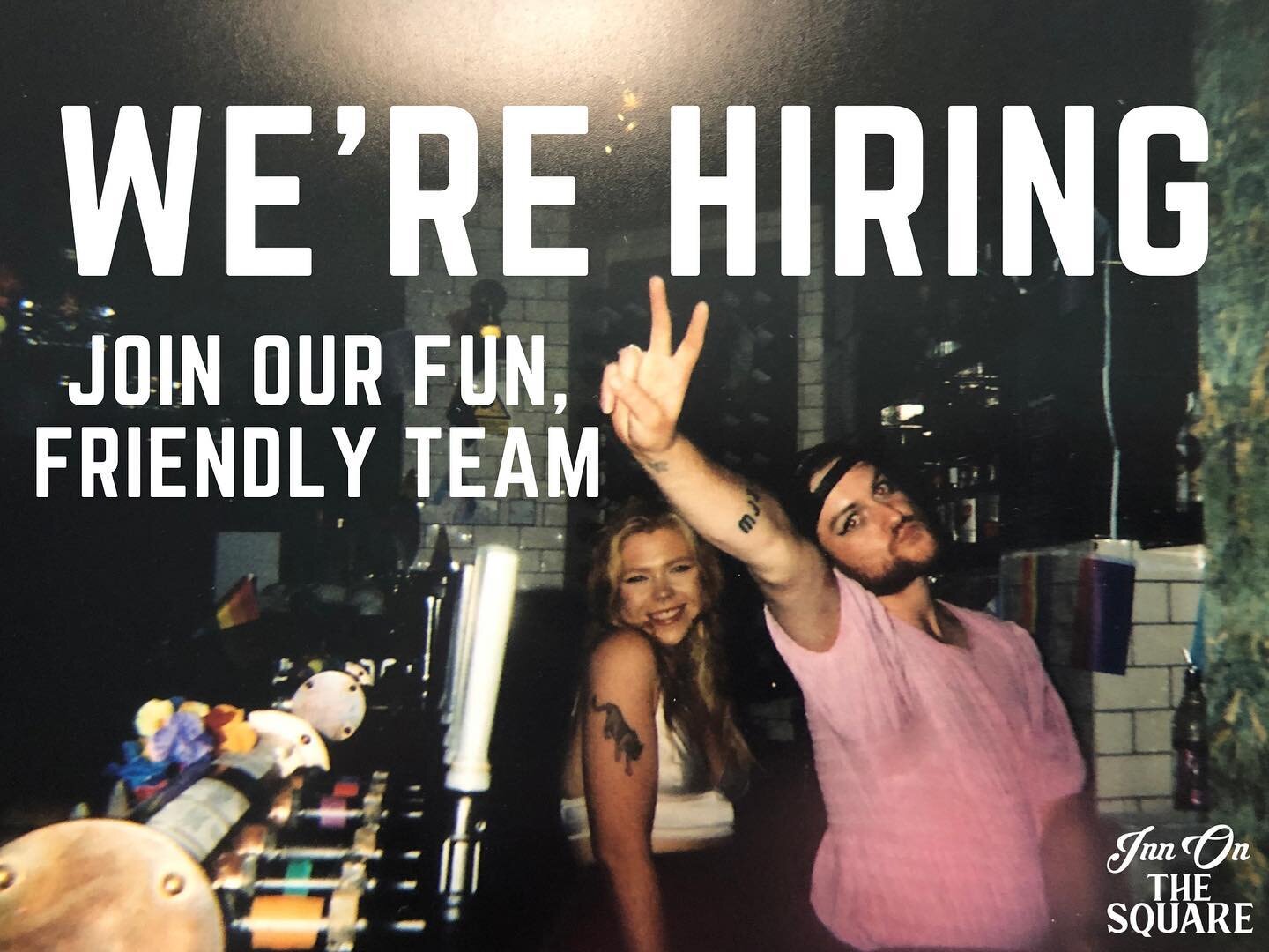 WE&rsquo;RE HIRING!! 
We are looking for enthusiastic bartenders to join our lovely staff! 
At Inn on the Square we pride ourselves on our tasty food, regular live music and local pub vibe. If you are interested in becoming part of our team contact u