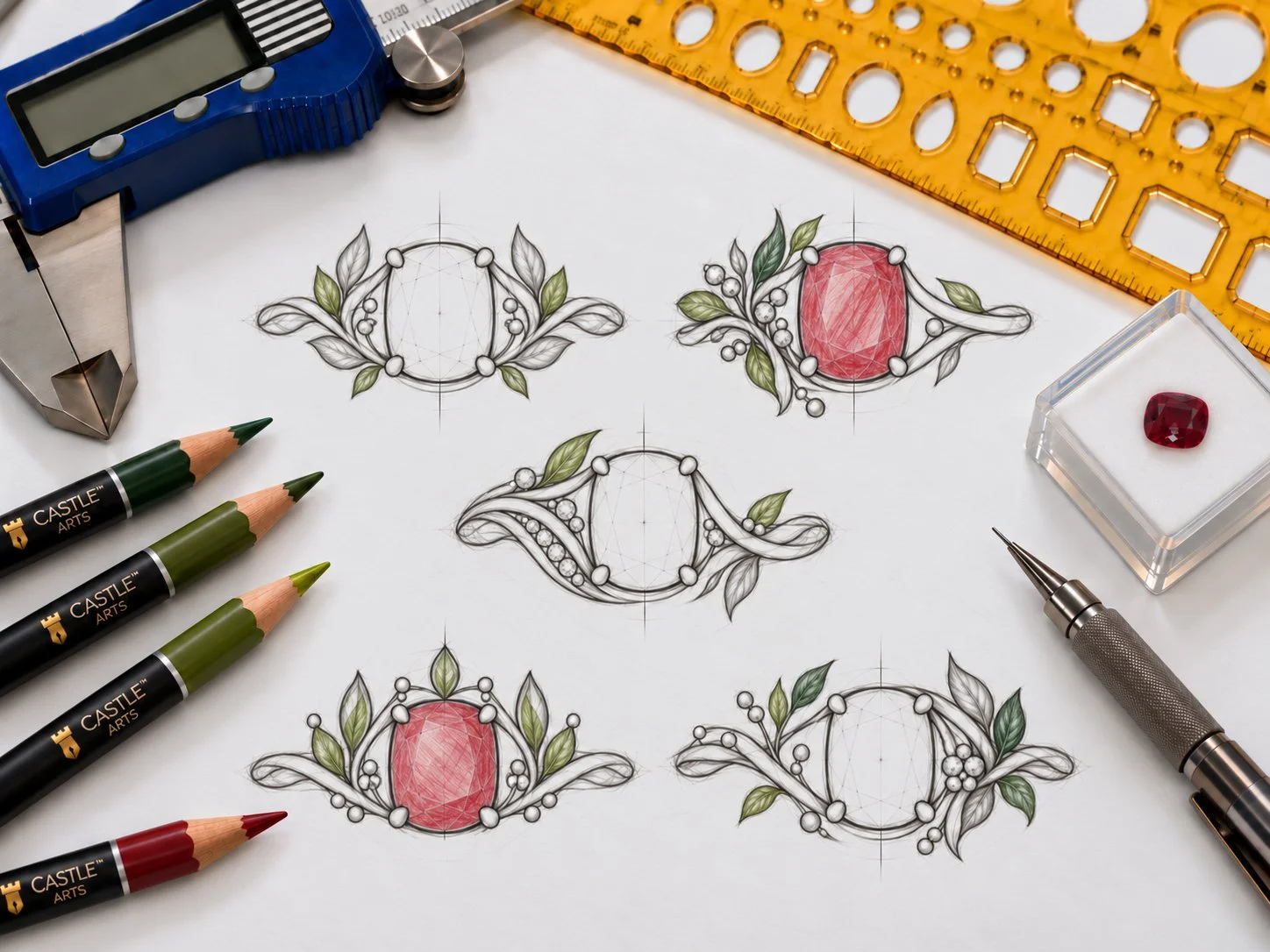 Drawing up some leafy gemstone ring concepts