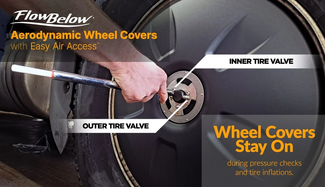 FlowBelow’s Wheel Covers with Easy Air Access Save Time,  Money and Eliminate Pre-Trip Hassle.