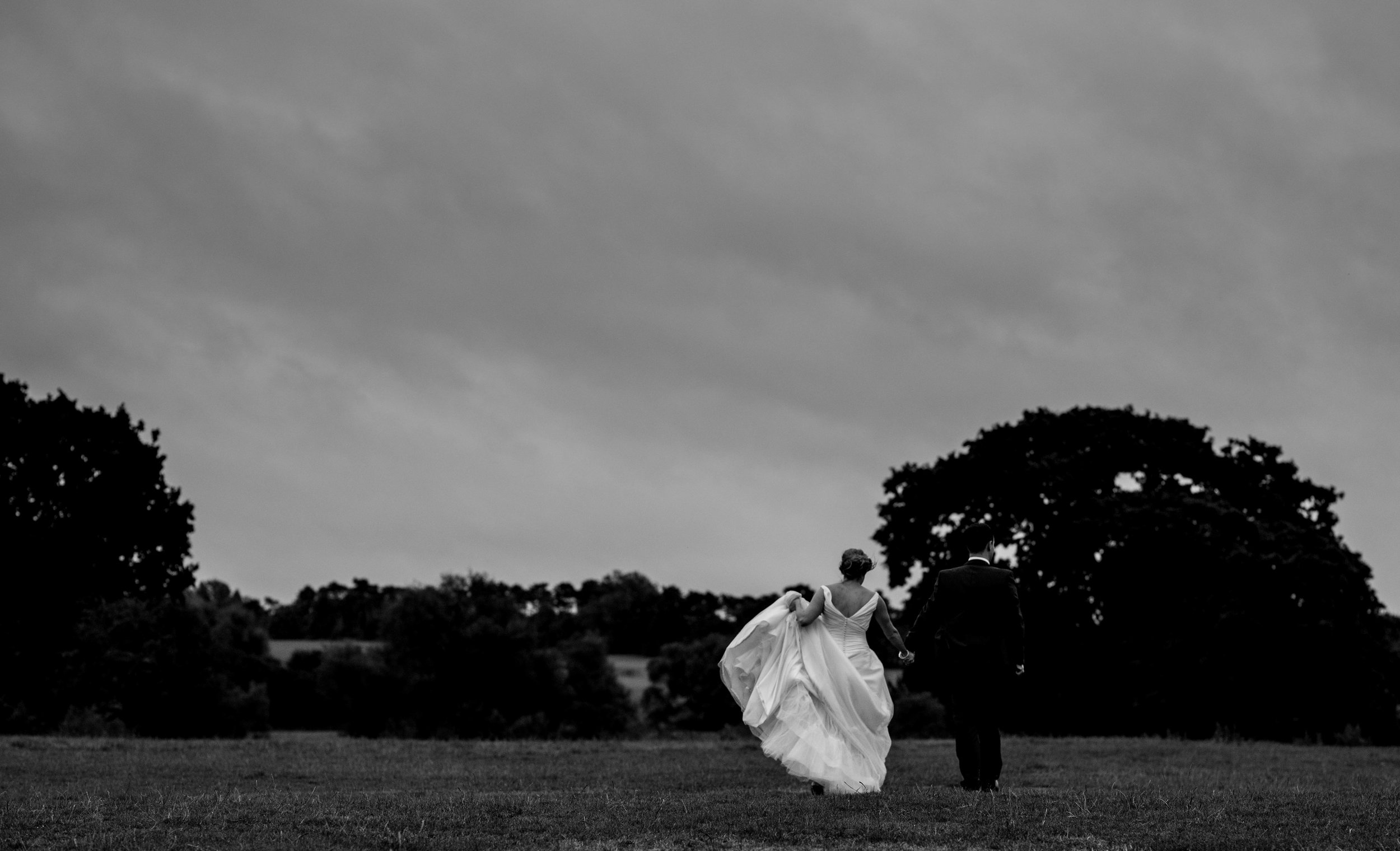 The bride and groom in an open field