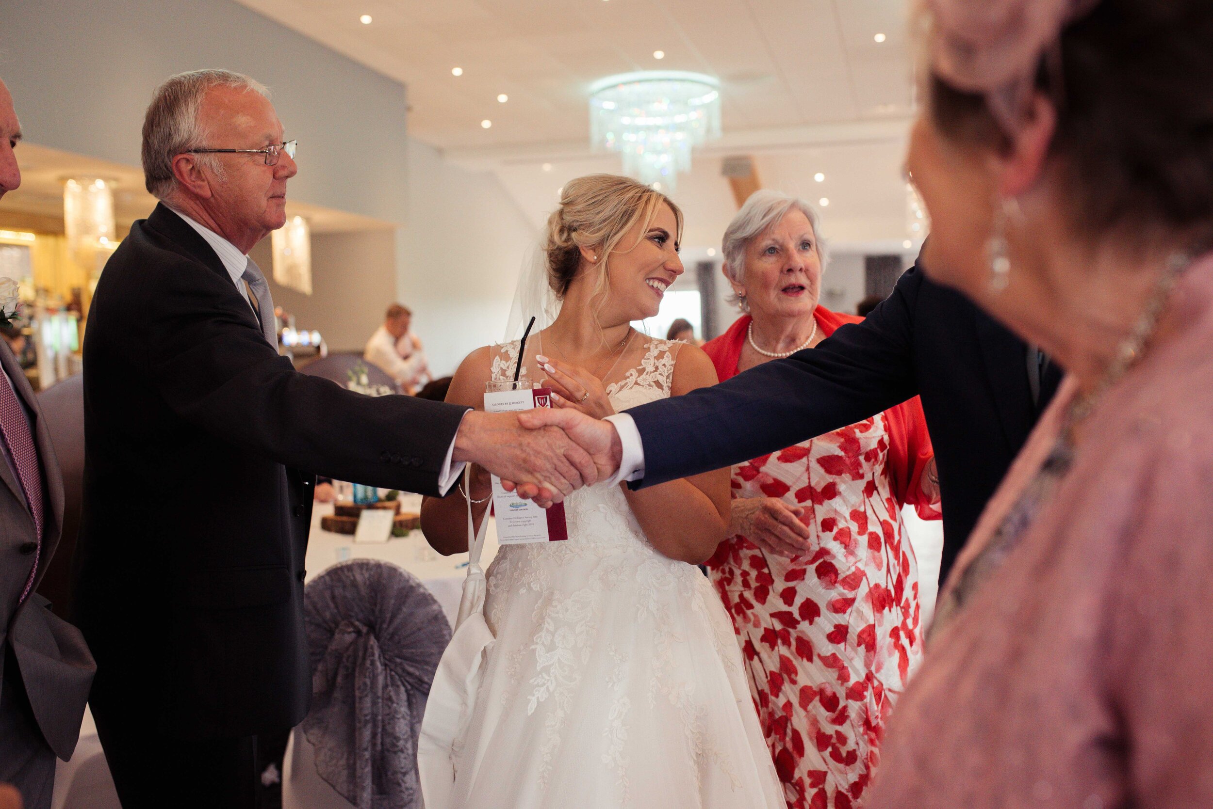Guests shake hands with the bride in the background