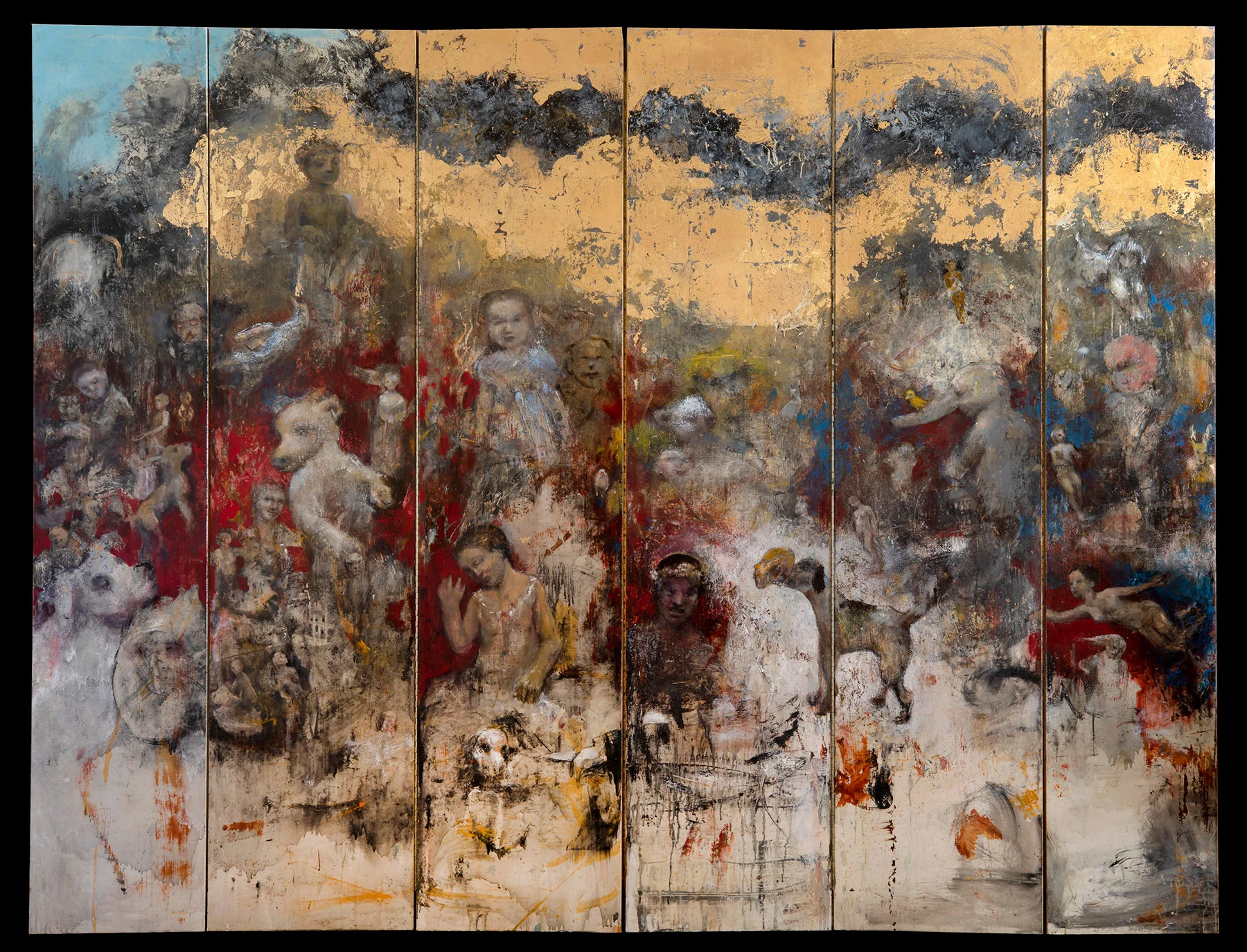 Bardo with Puppies Oil and foil on wood panels 78 x 100 in. 2019