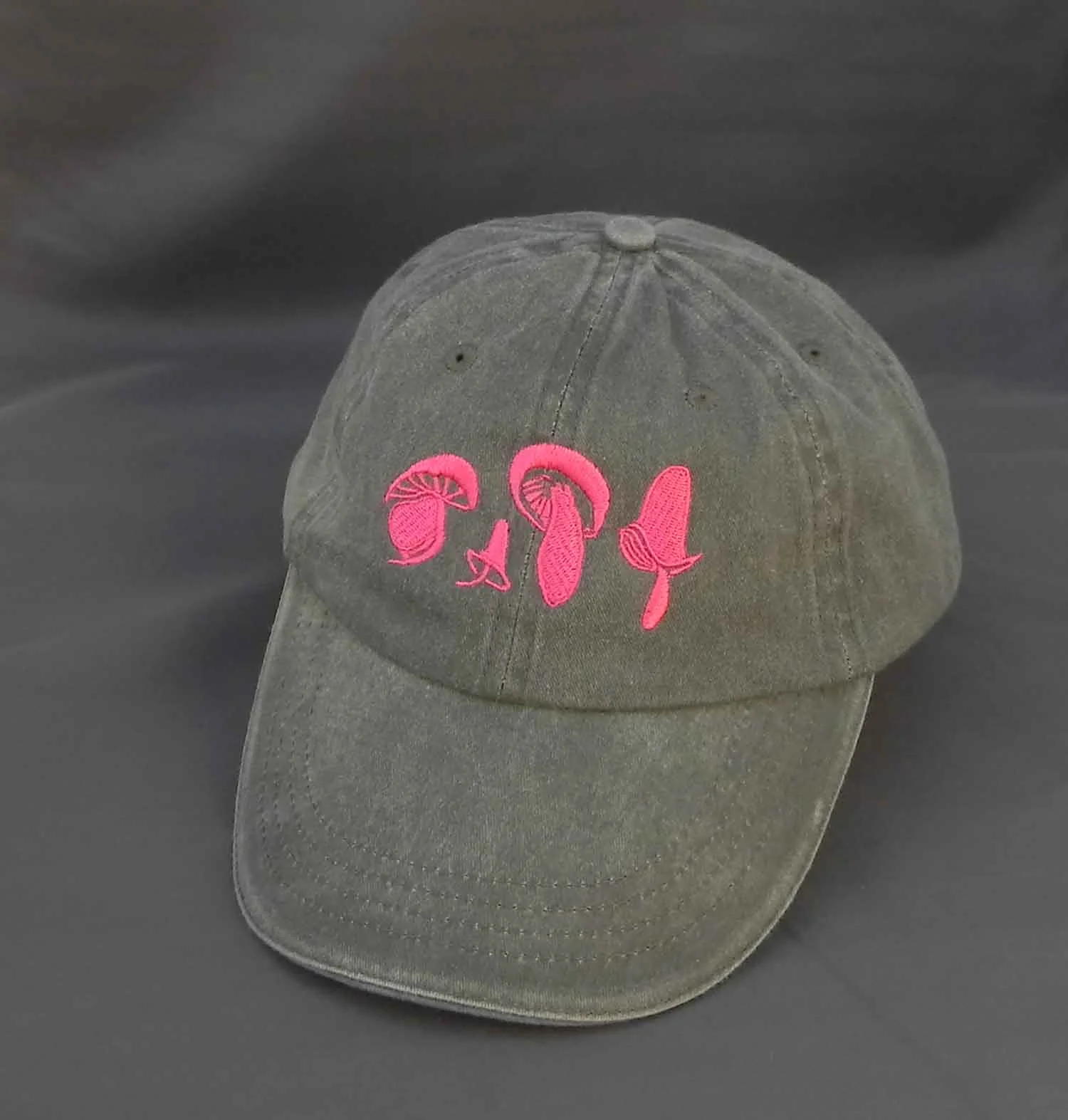 Taupe colored Baseball Cap with Pink Embroidery.