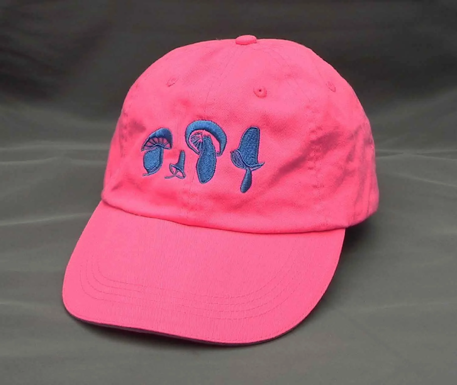 Pink Baseball Cap with Bright Blue Embroidery.