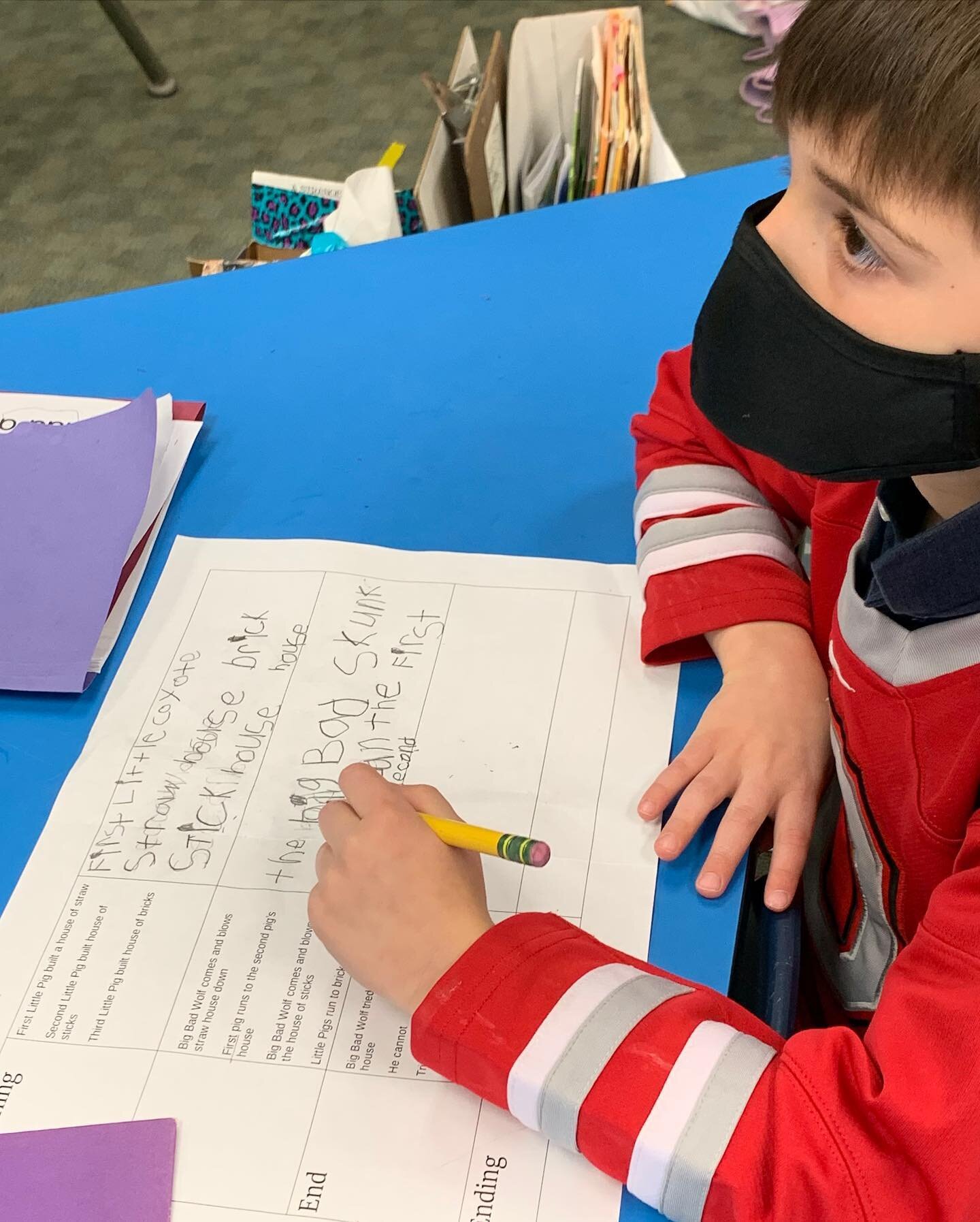 Kindergarteners are working hard on writing another story, this time: A Fairy Tale Change Up. They compared the story elements of 6 different Three Little Pigs stories, and are now creating their own version; writing out their beginning, middle, end,