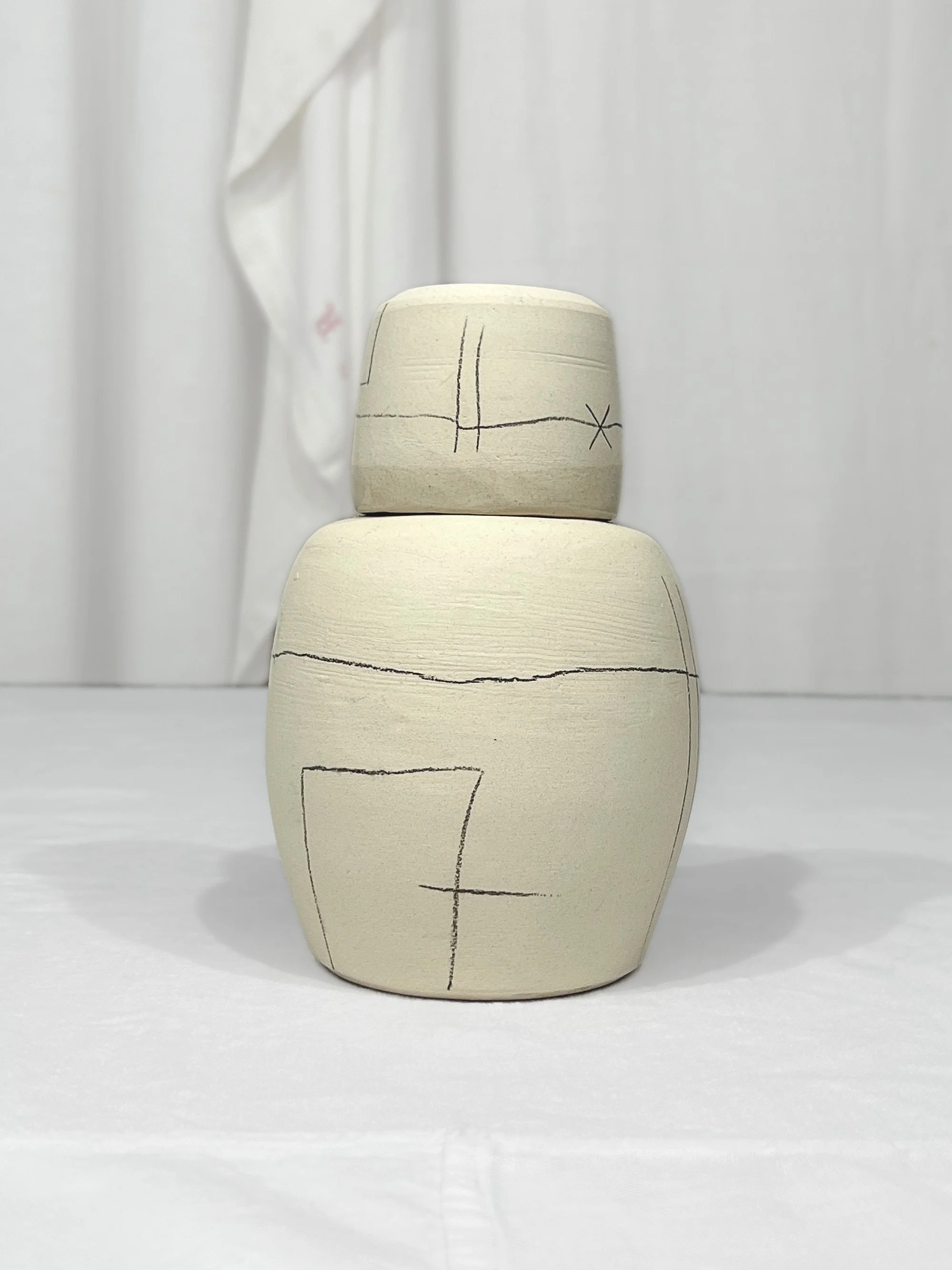 Handmade clay bedside carafe with ceramic pencil,  "Traces".