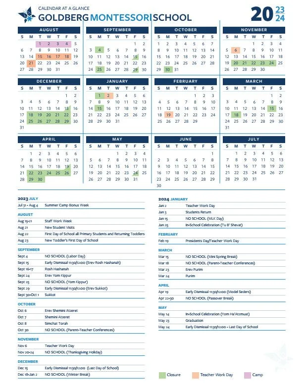 Calendar at a Glance 2023-2024 — Goldberg Montessori School