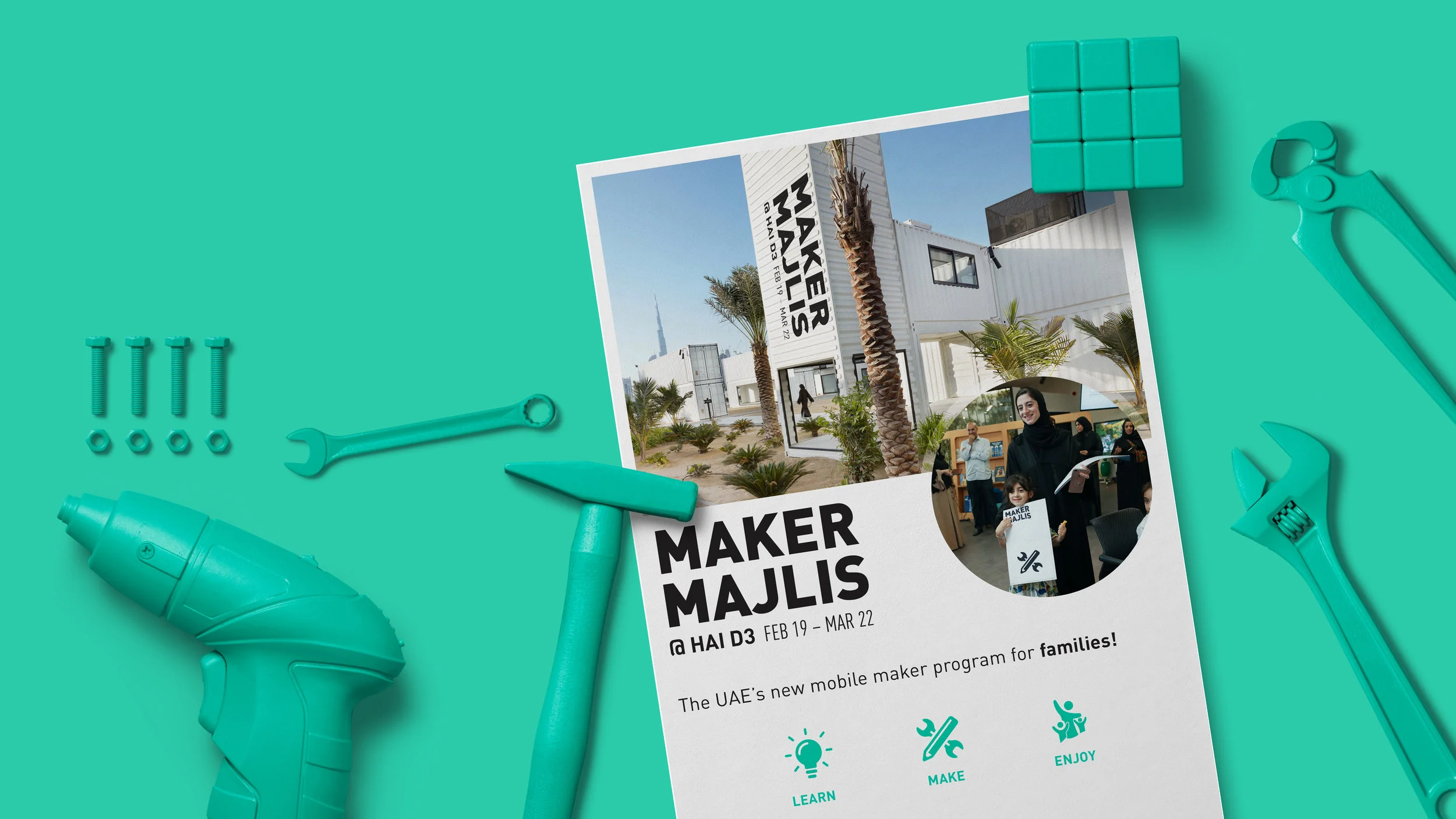 A mobile majlis that goes from neighbourhood to neighbourhood, designed to bring families together to work on purposeful maker projects.
