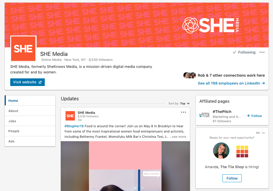 Screenshot of SHE Media’s LinkedIn Business Page.