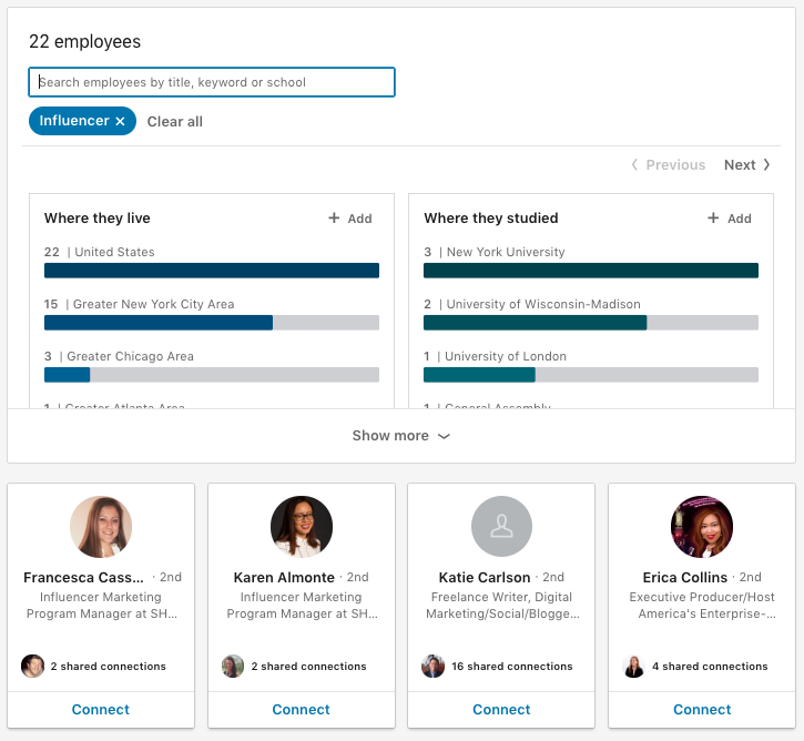 Screenshot of SHE Media’s LinkedIn “People” Category After Searching For “Influencer”.