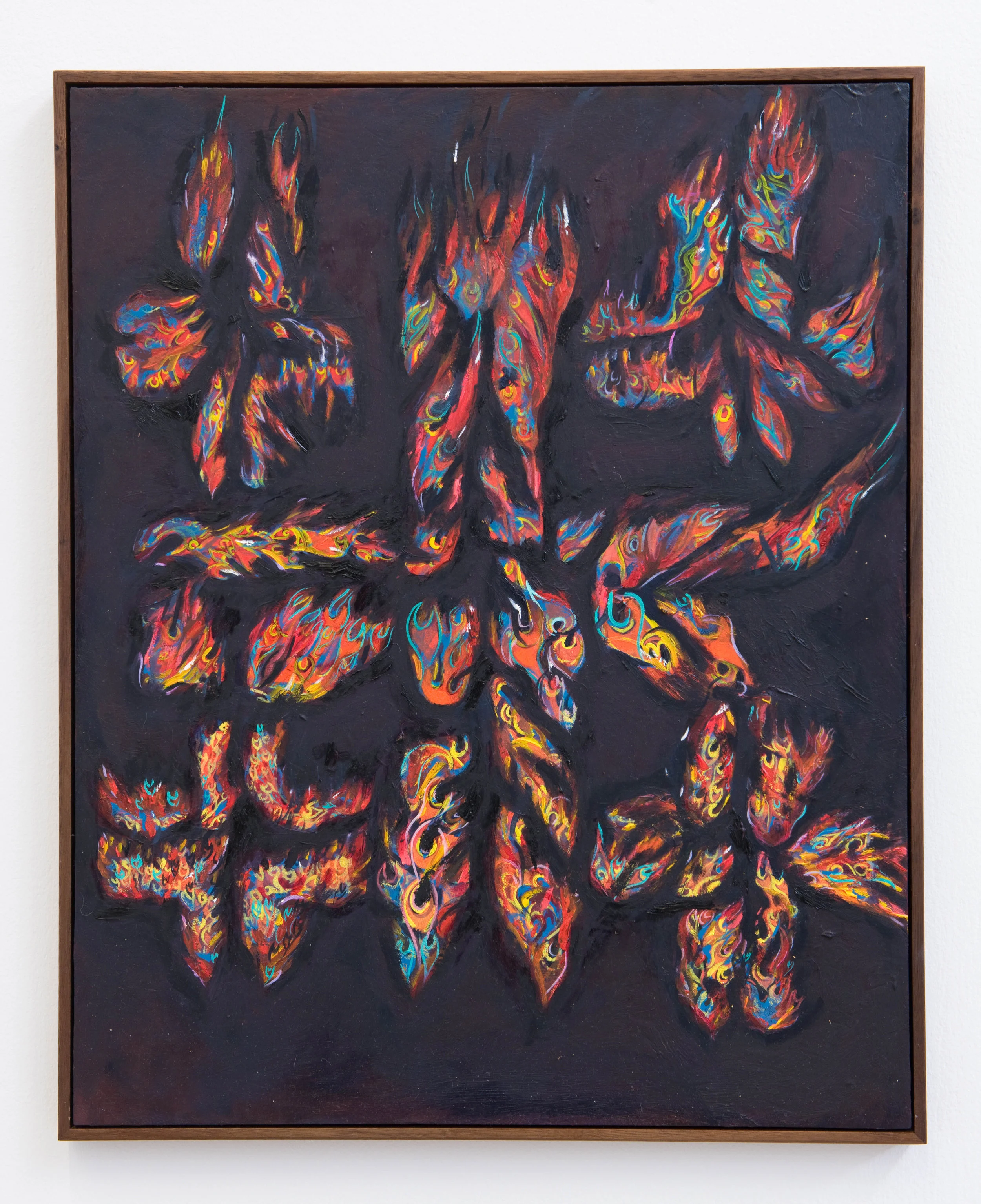 Detail shot of 'Five small fires' (Oil Paint, gesso board, American black walnut frame, 60cm x 40cm) from Bloomberg New Contemporaries 2017 installation view, BALTIC Centre for Contemporary Art, Gateshead Photo: Colin Davison © 2017 BALTIC