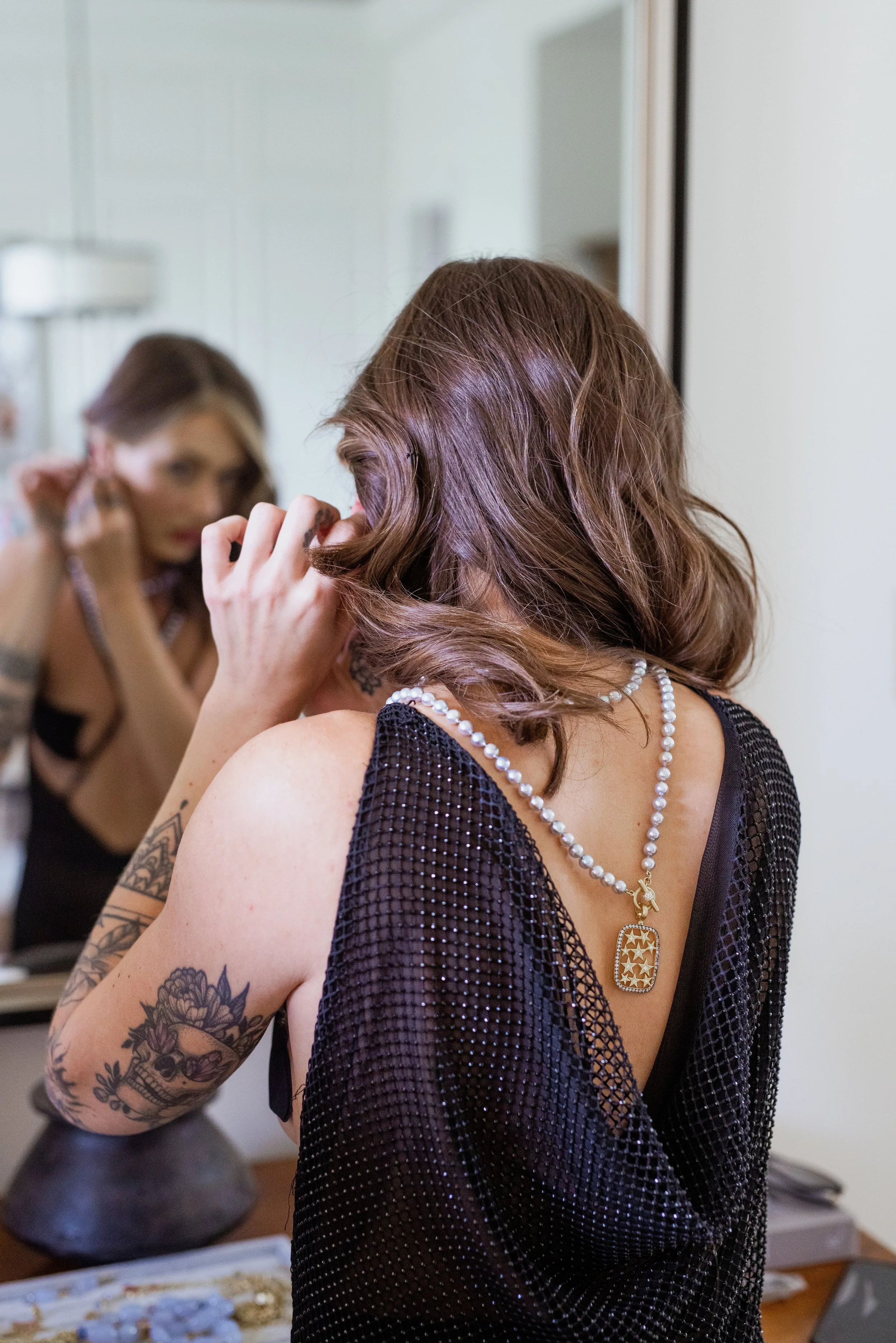 Model wearing Leigh Maxwell Starstruck Frame Pendant - Diamond & Grey Diamond