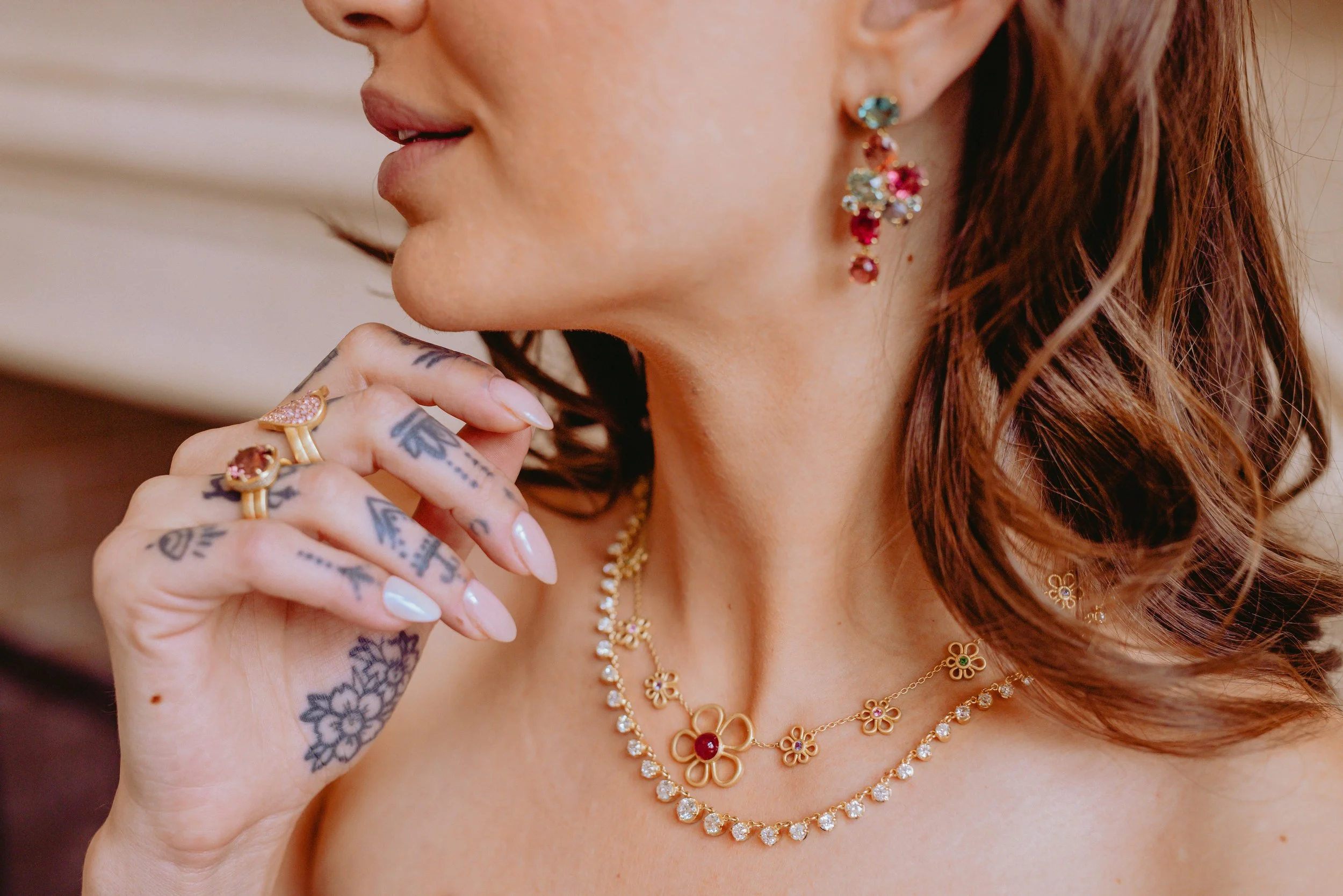 Model wearing Leigh Maxwell Flora Collar - Pink Tourmaline