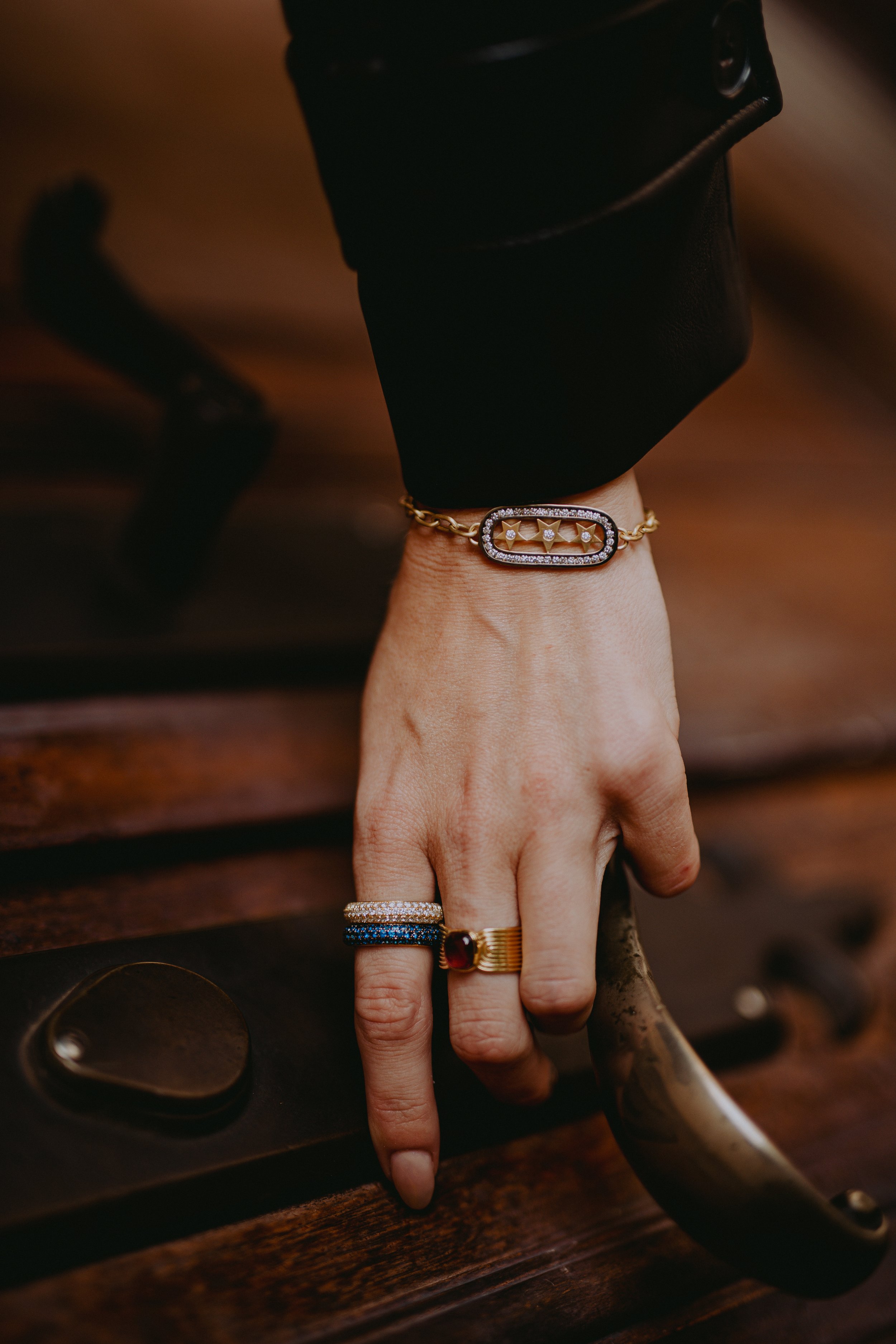 Model wearing Leigh Maxwell Triple Row Eternity Band - Blue Sapphire