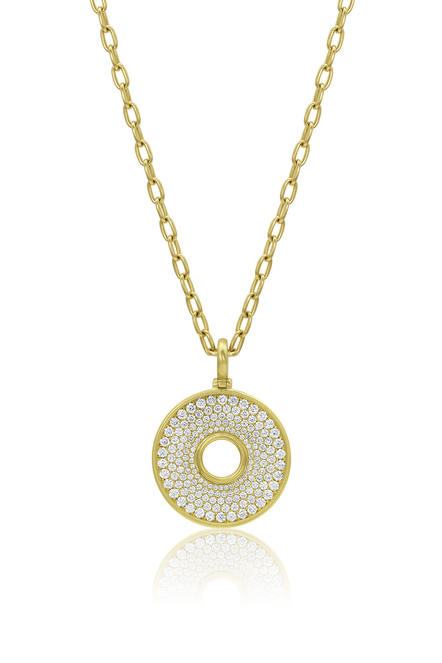 Amani graduated diamond pavé disk necklace on oval cable chain in yellow gold