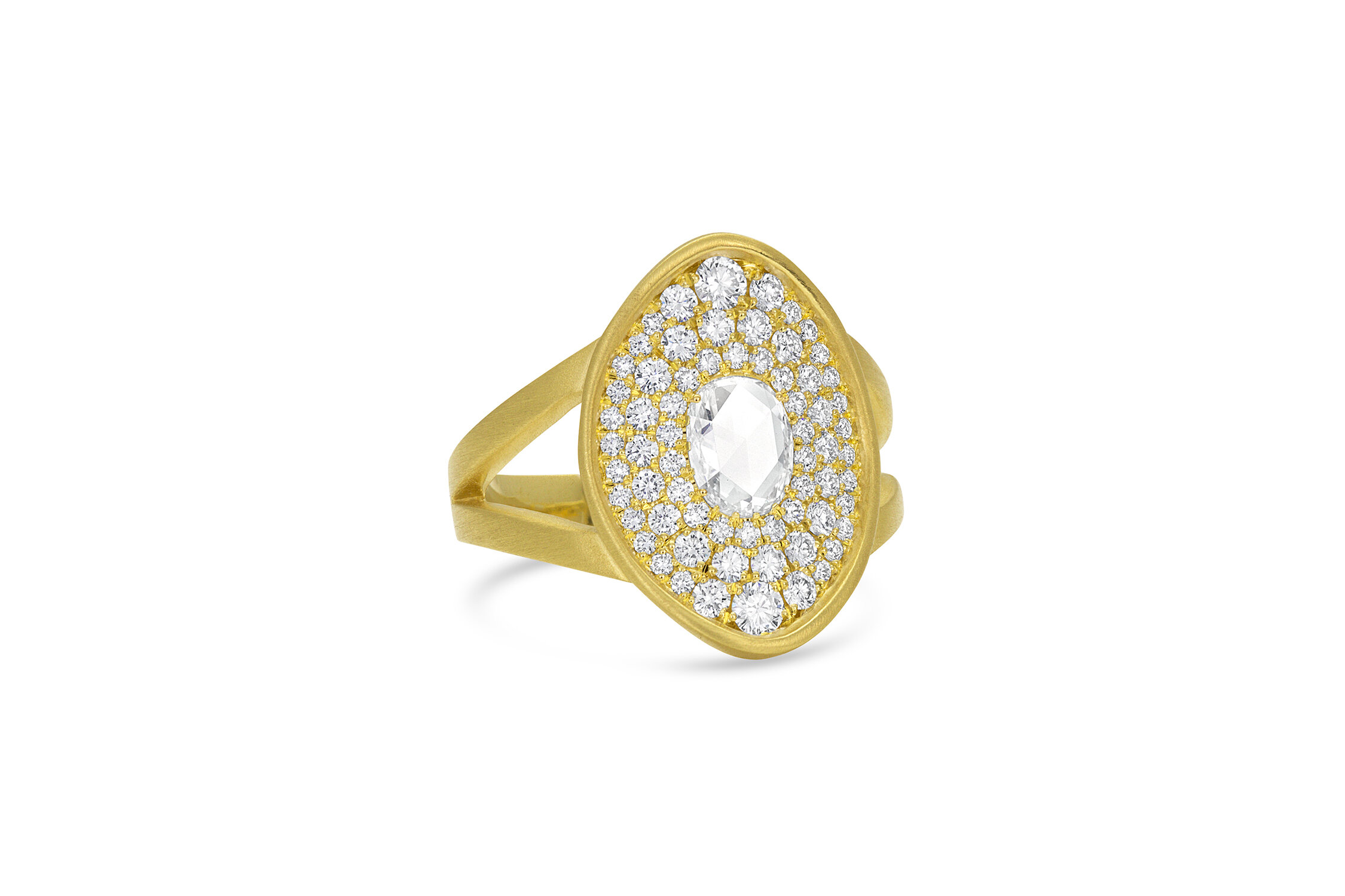 pavé and rose cut diamond Amani saddle ring in yellow gold