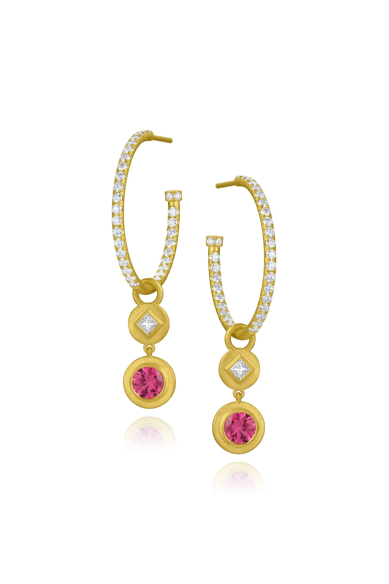 Princess Cut Diamond &amp; Gemstone Earring Charms - Round Pink Tourmaline