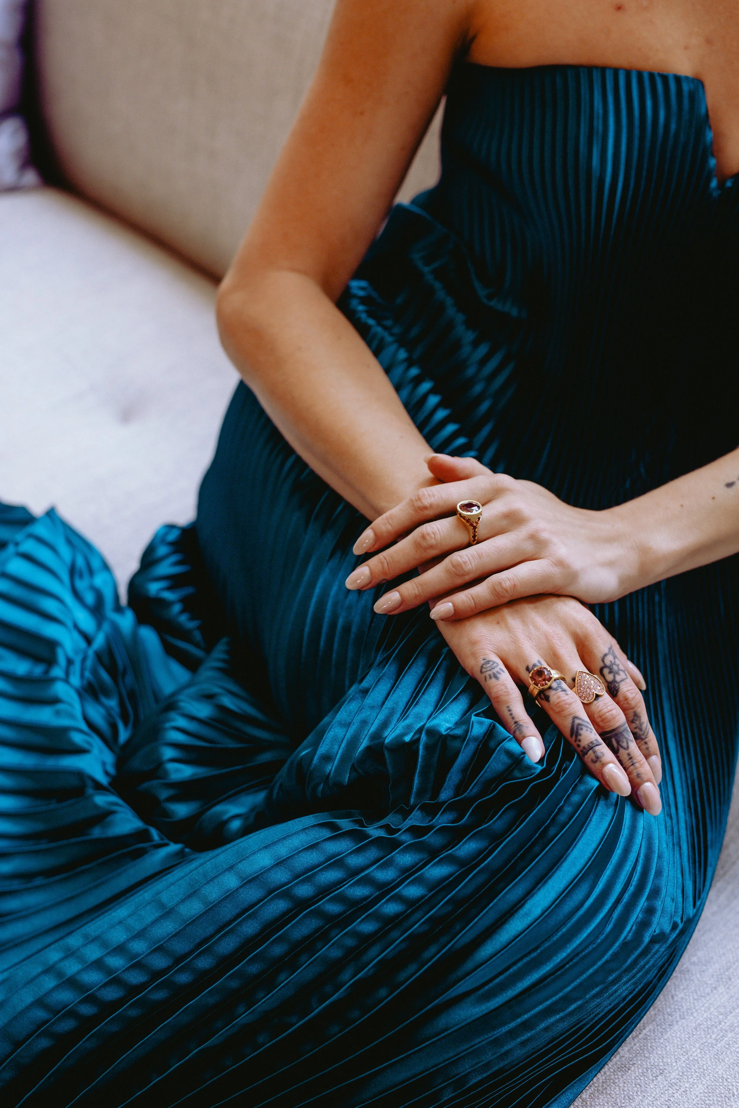 Model wearing Leigh Maxwell Bezel Set Ring w/Side Pavé - Rose Zircon & Spinel