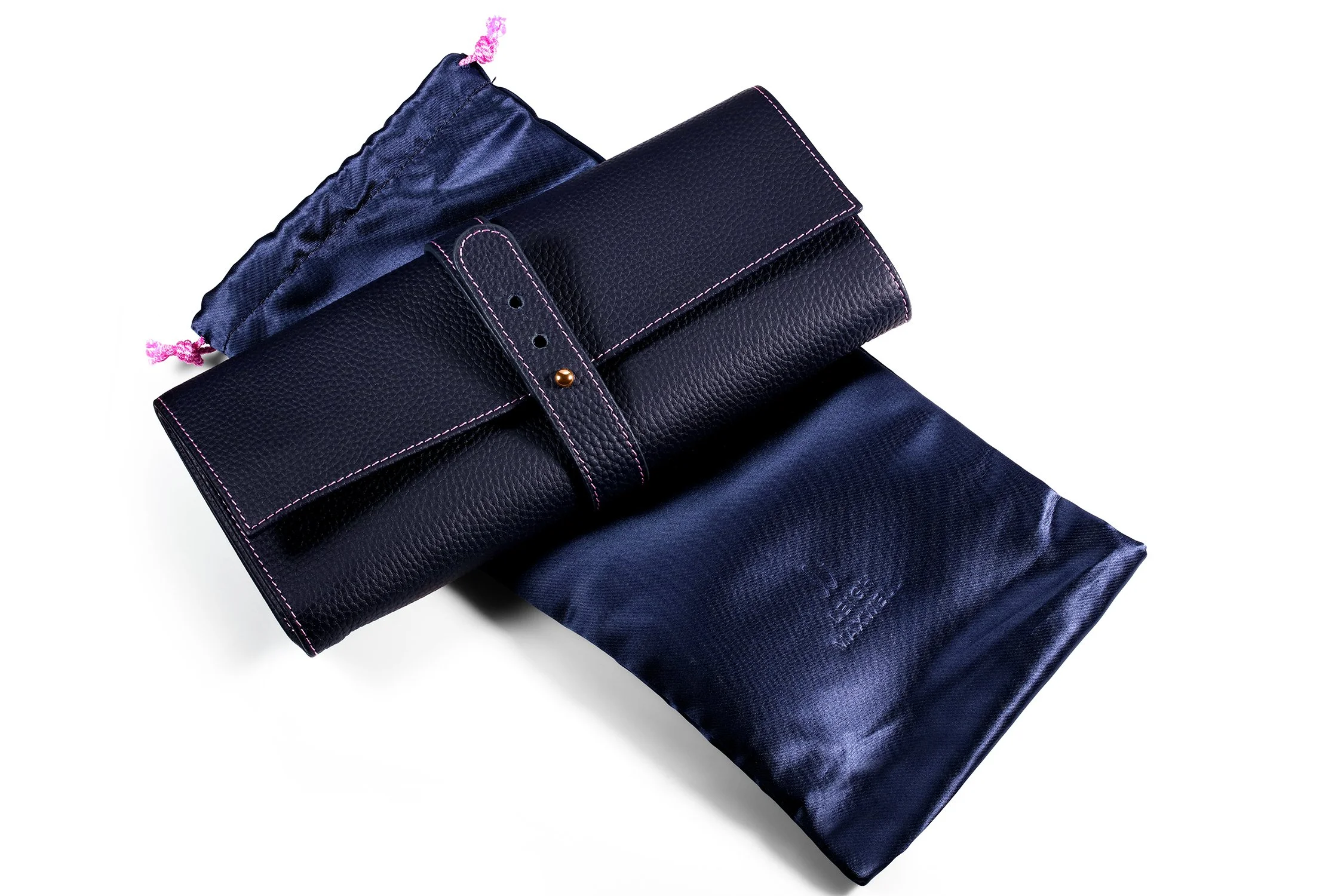 Leigh Maxwell Jewelry Roll - Navy closed with pouch