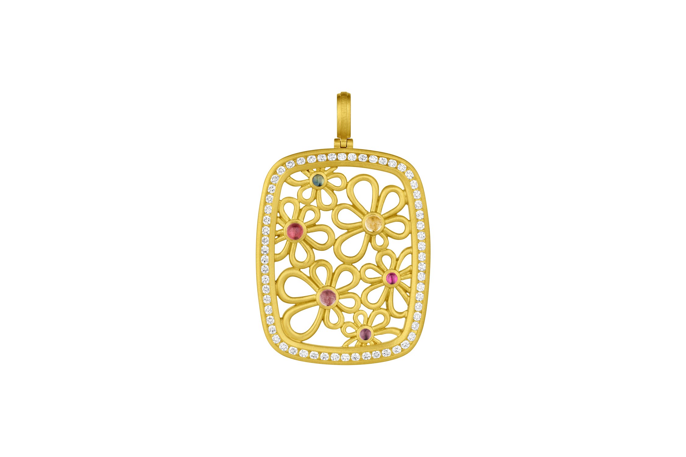 Leigh Maxwell Rectangular Channel Set Pendant w/Flowers - Diamond & Multi Color Sapphire