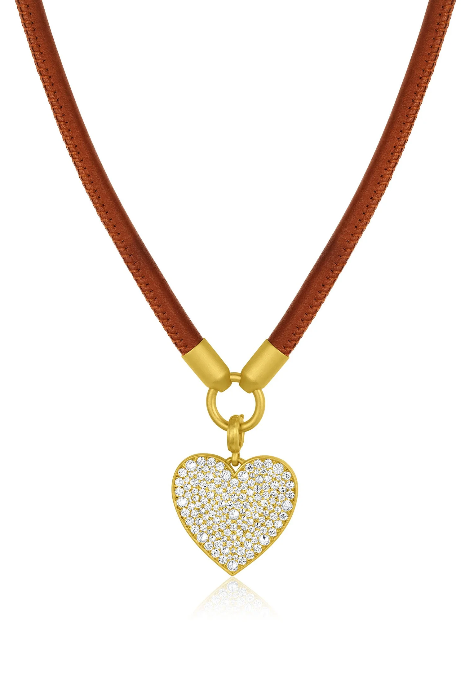 Leigh Maxwell Thick Leather Cord in Light Brown with 18K yellow gold with diamond pavé heart pendant