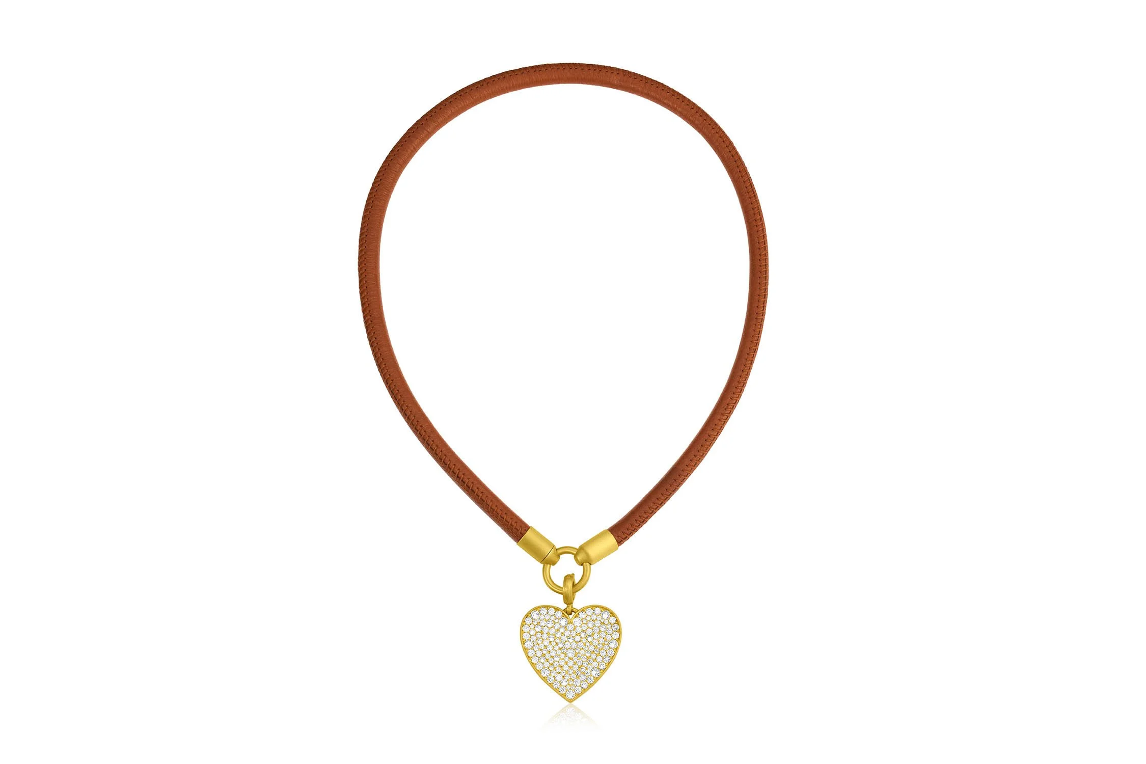 Leigh Maxwell Thick Leather Cord in Light Brown with 18K yellow gold with diamond pavé heart pendant
