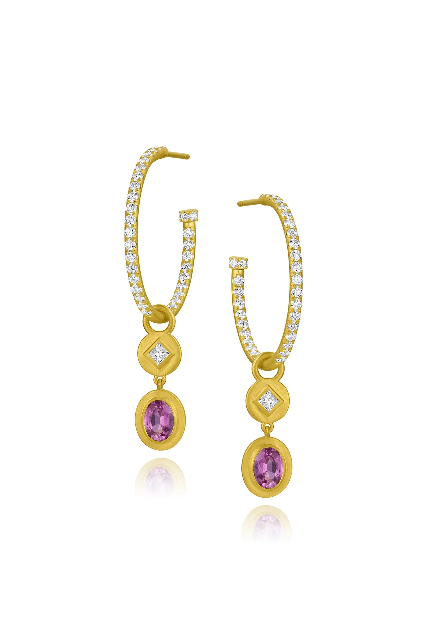 Leigh Maxwell Princess Cut Diamond & Gemstone Earring Charms - Oval Pink Sapphire on Diamond Hoops
