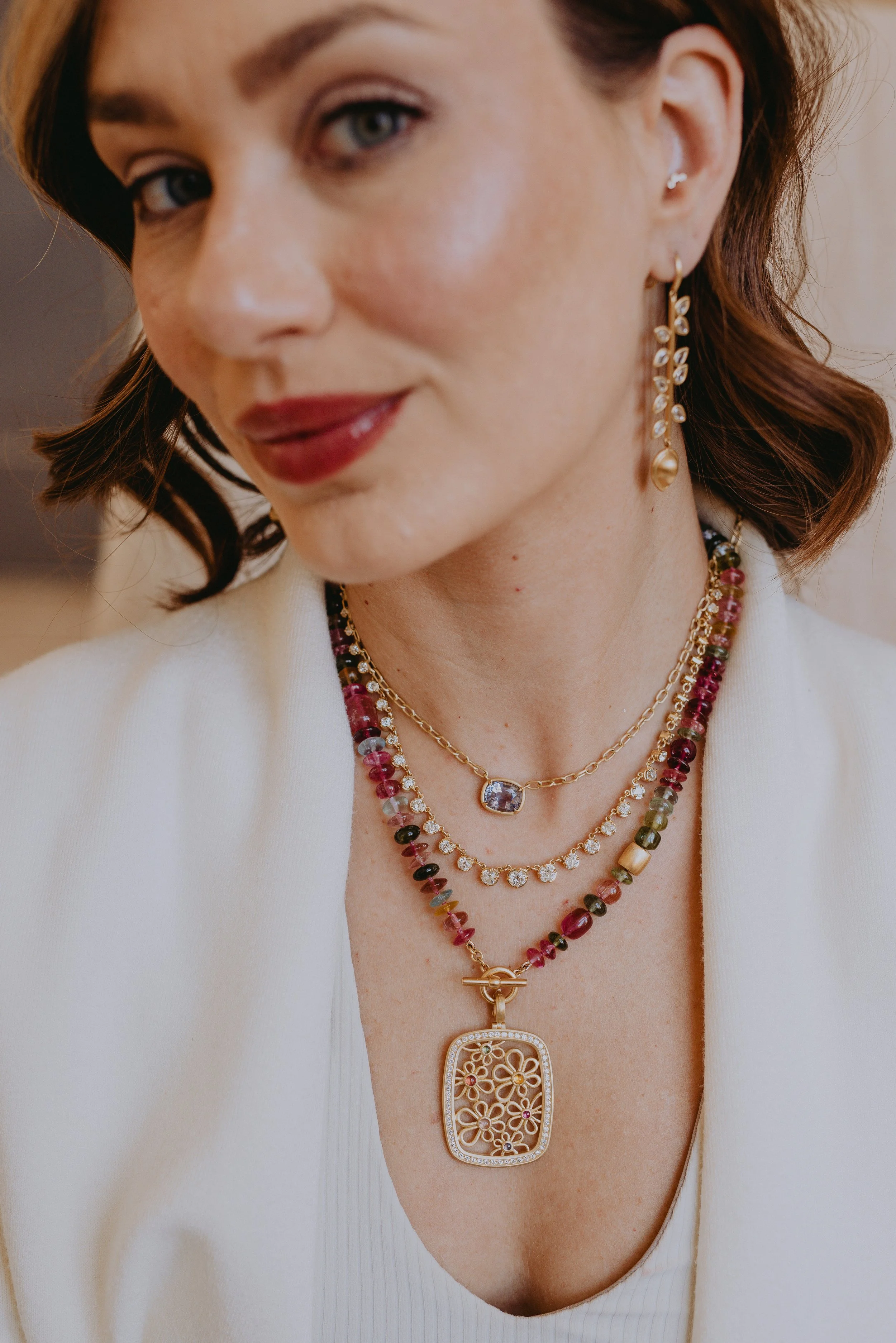 Model wearing Leigh Maxwell Gemmy Rivière Necklace - Old European/Old Mine Diamond