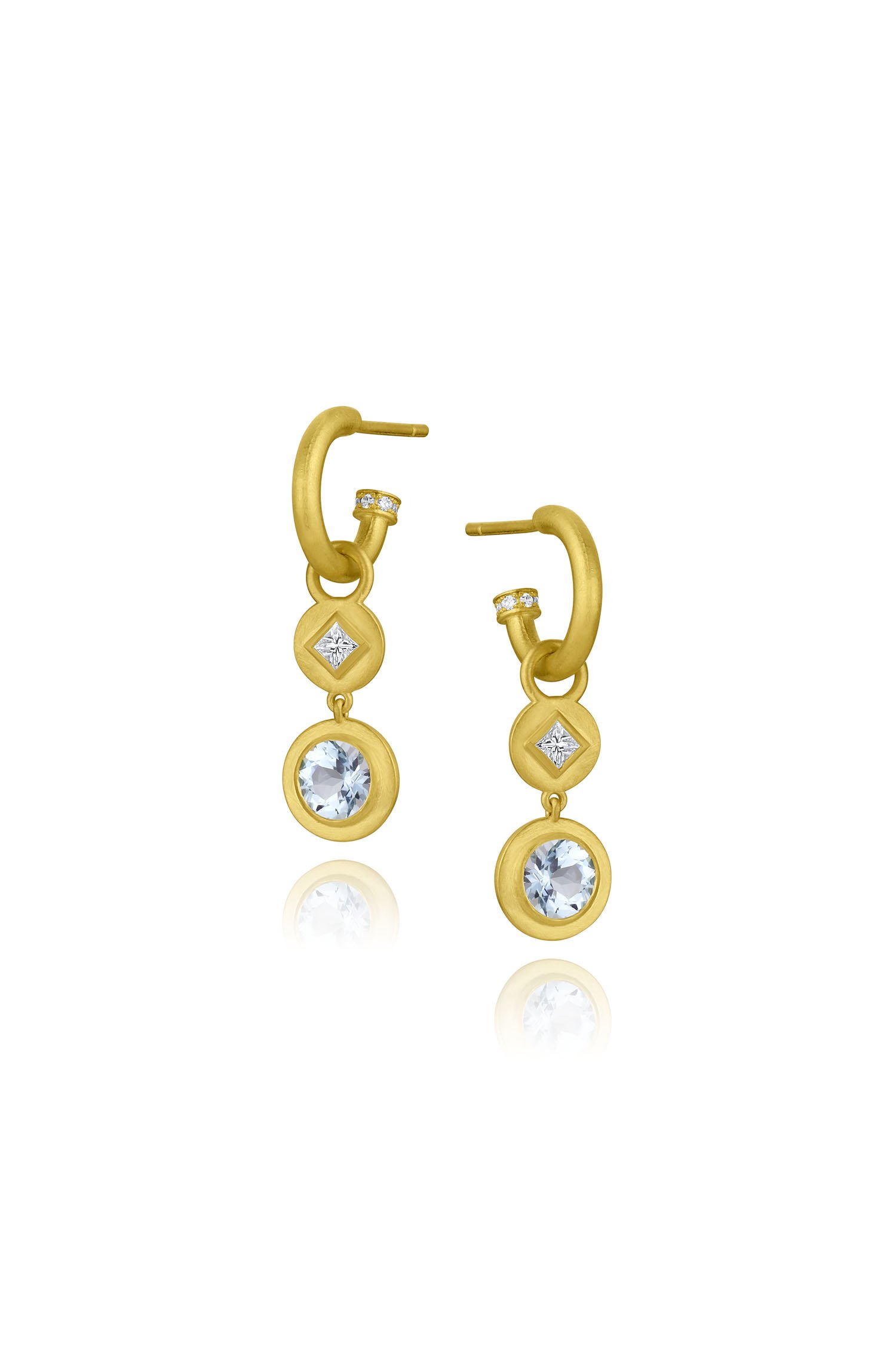 Leigh Maxwell Princess Cut Diamond & Gemstone Earring Charms - Round Aquamarine on Mini Hoops