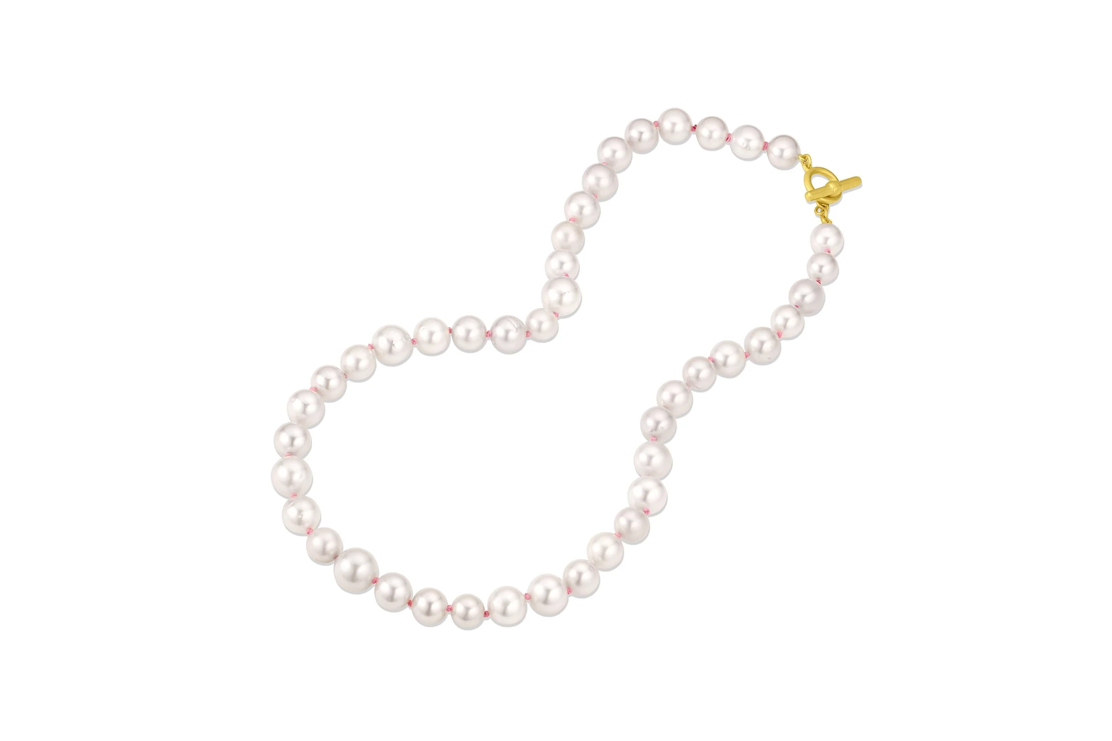 Leigh Maxwell Colorful Knotted White South Seas Pearls in 18K yellow gold with pink thread