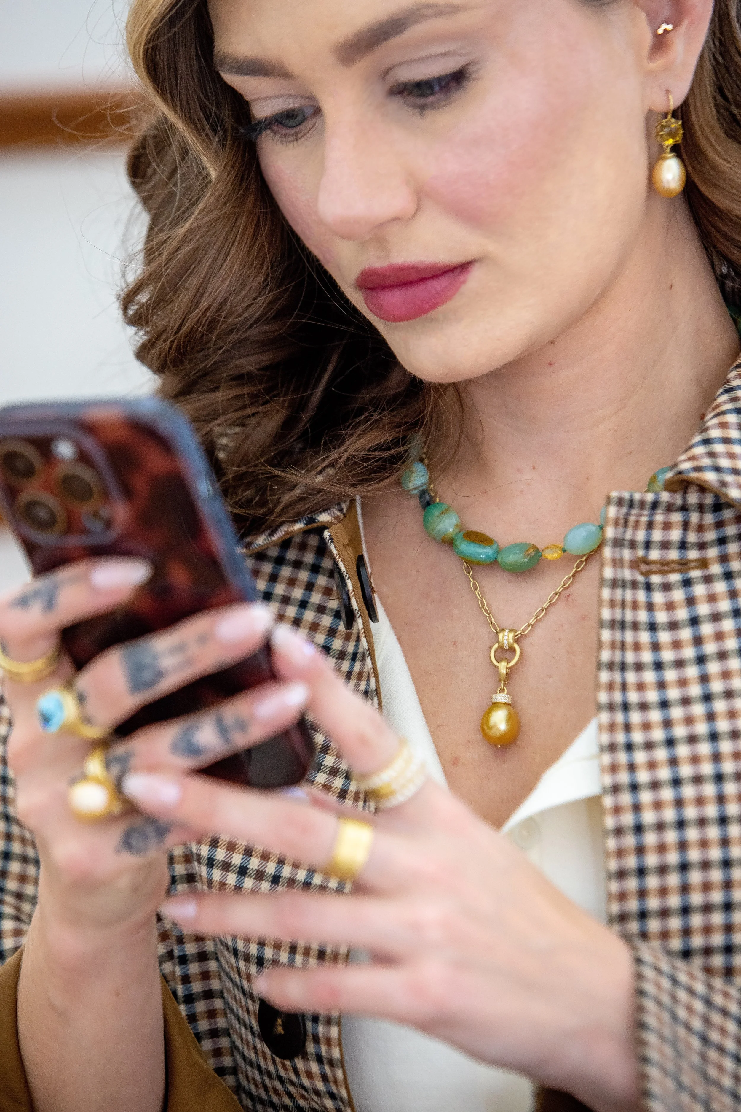 Model wearing Pearl Pendant with Leigh Maxwell Diamond Pavé Cap - Gold South Seas Pearl