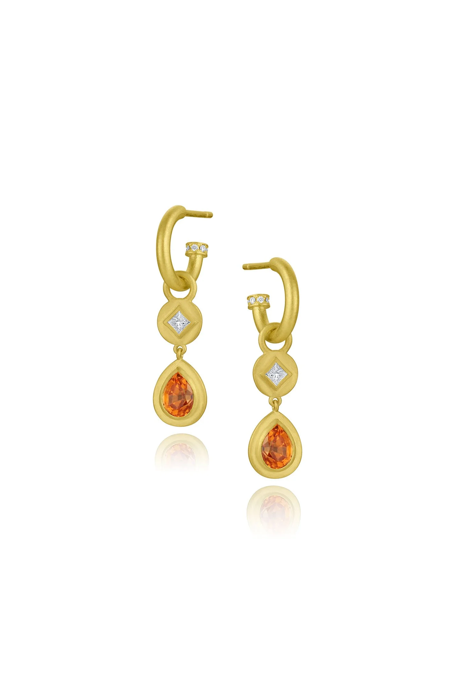 Leigh Maxwell Princess Cut Diamond & Gemstone Earring Charms - Pear Shape Mandarin Garnet on Mini Hoops