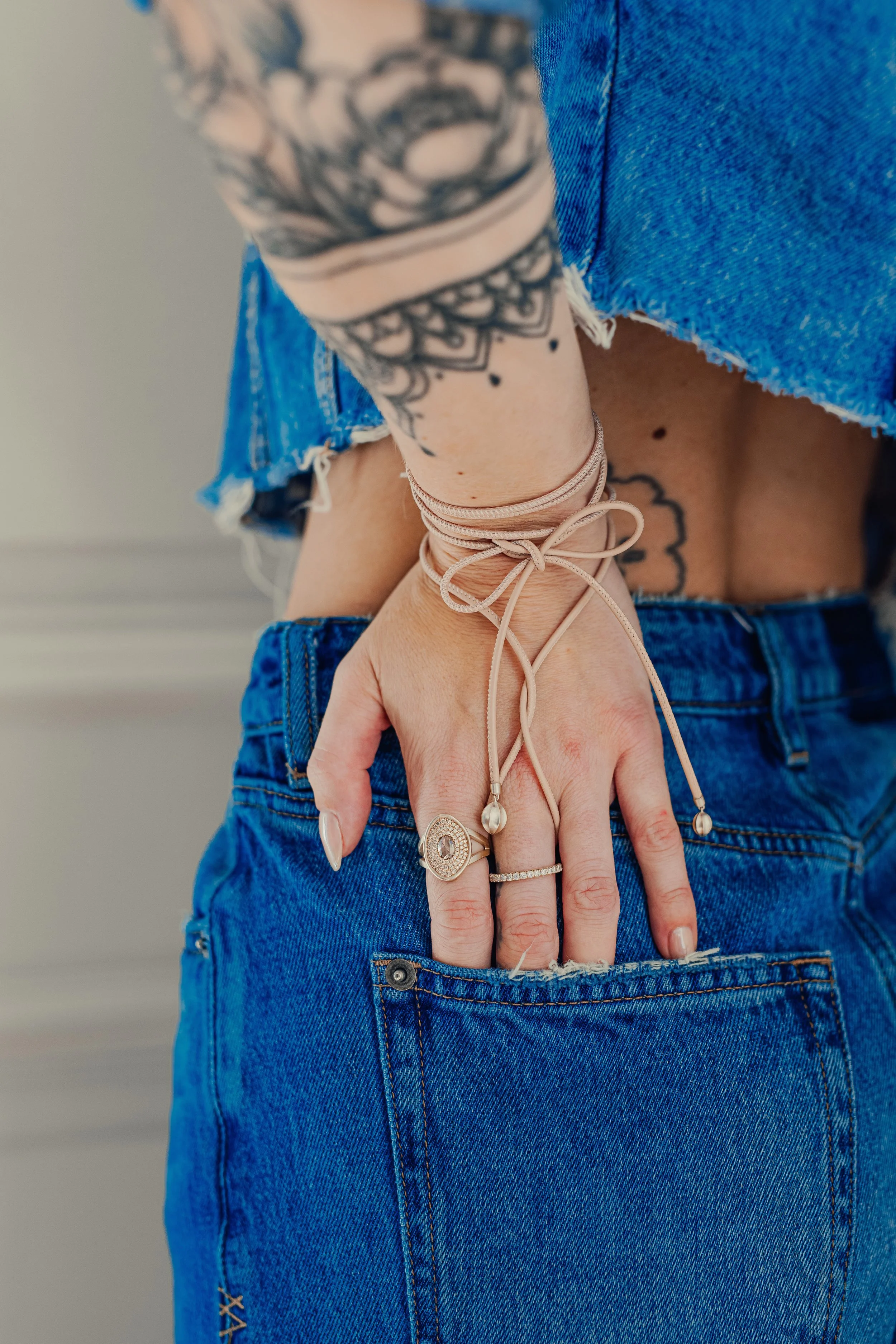Model wearing Leigh Maxwell Amani Pavé with Rose Cut Shield Ring - Champagne Diamond