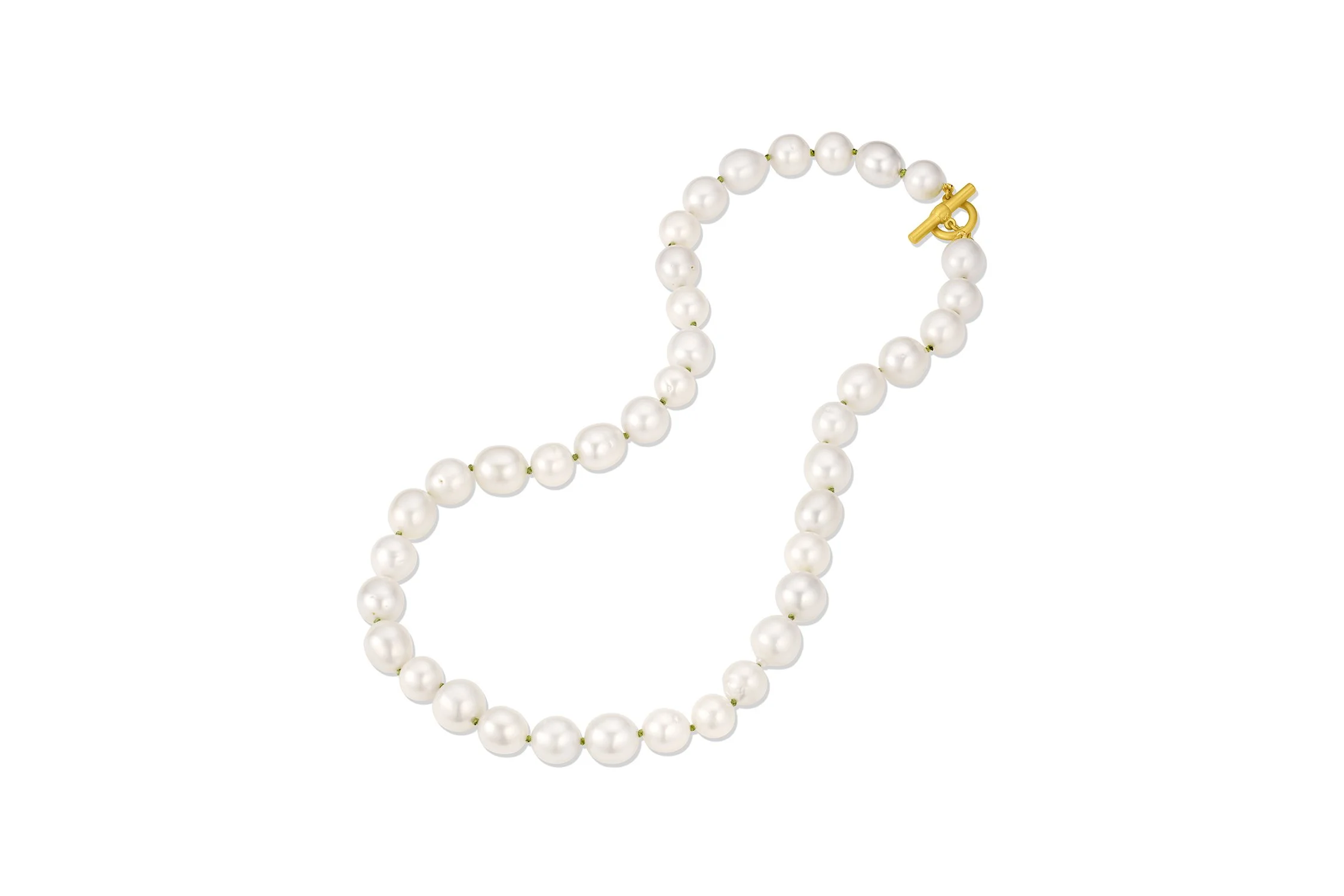 Leigh Maxwell Colorful Knotted White South Seas Pearls in 18K yellow gold with green thread