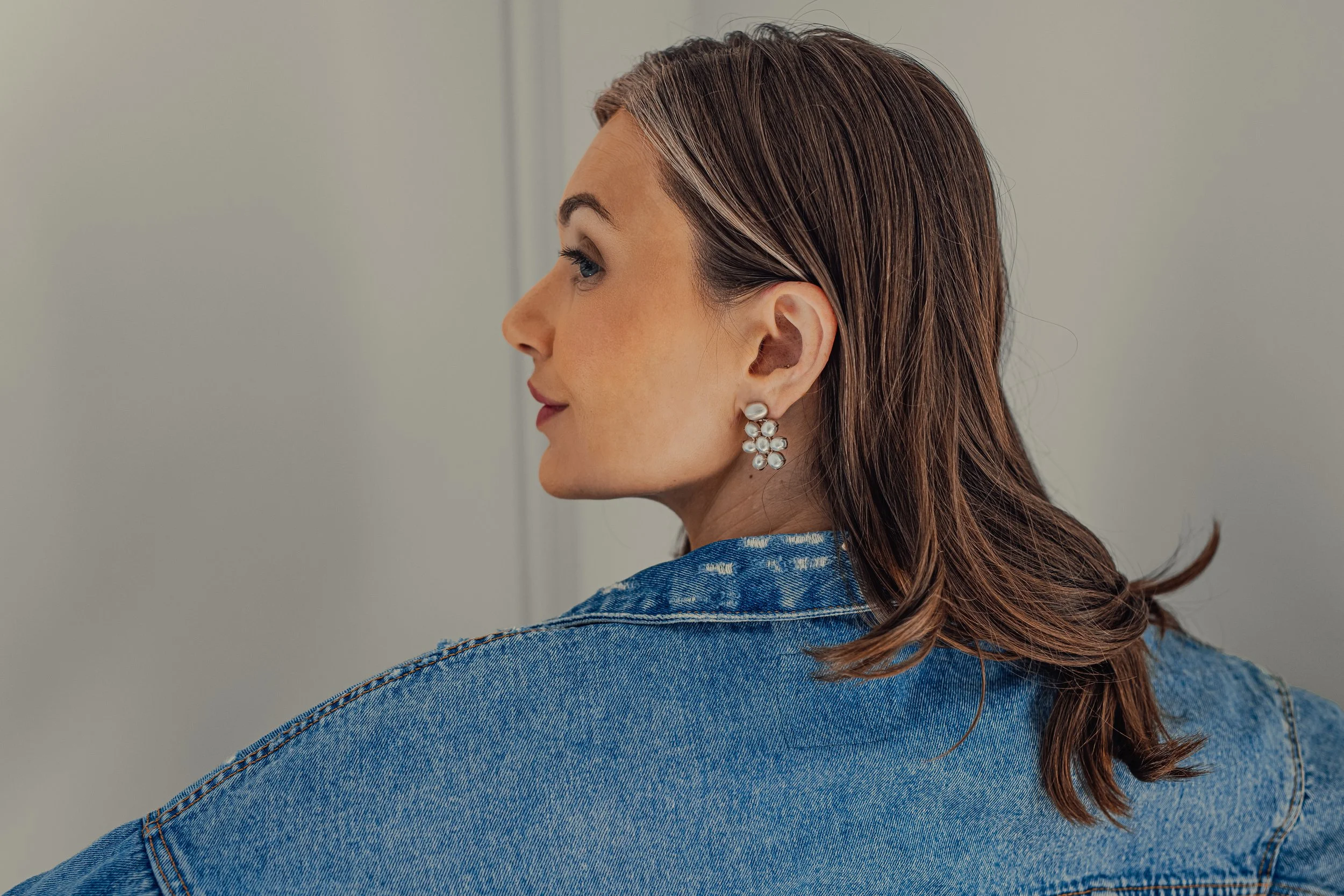 Model wearing Leigh Maxwell Celebration Earrings - South Seas Keshi Pearls