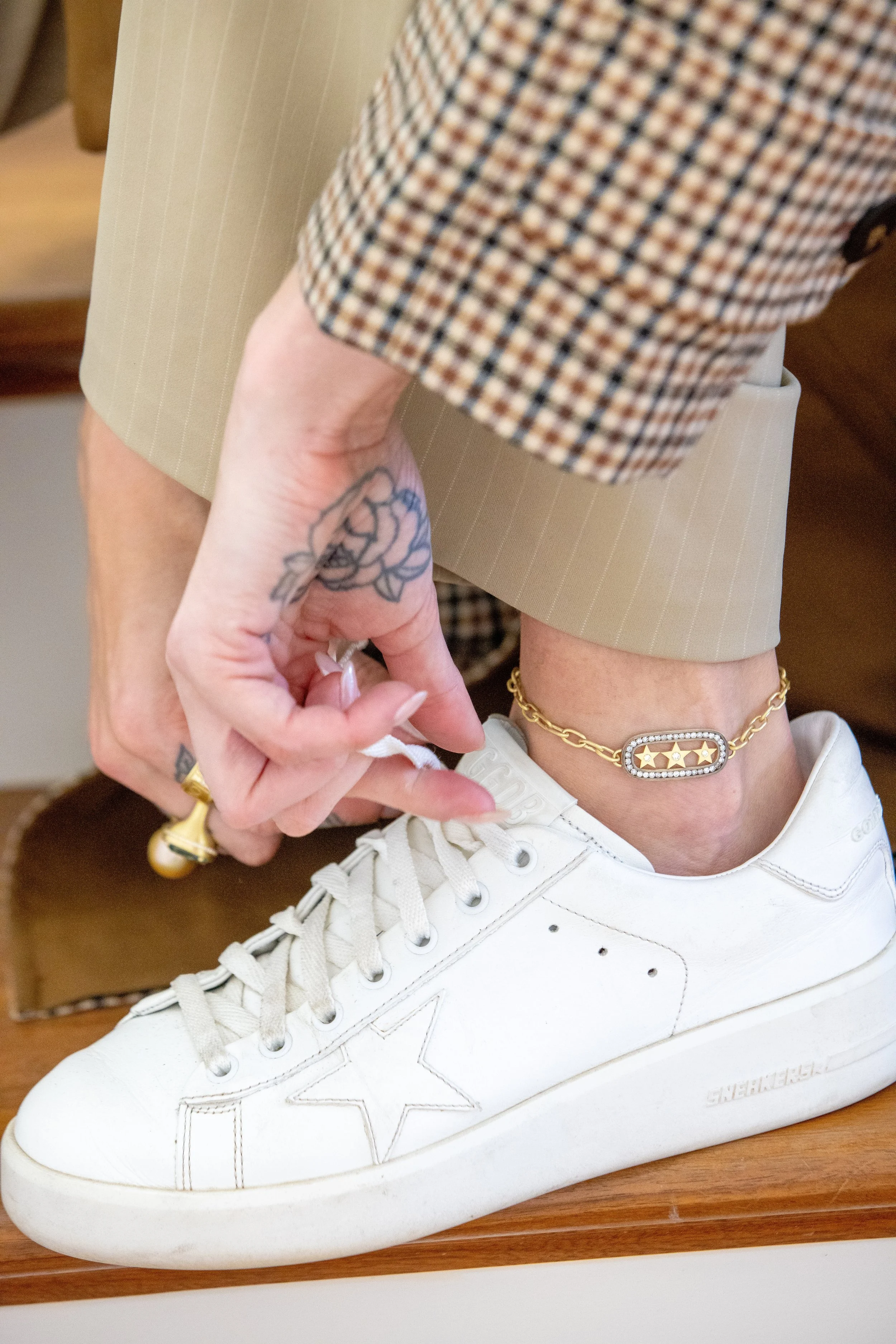 model wearing Leigh Maxwell Starstruck Frame Bracelet - Diamond & Grey Diamond