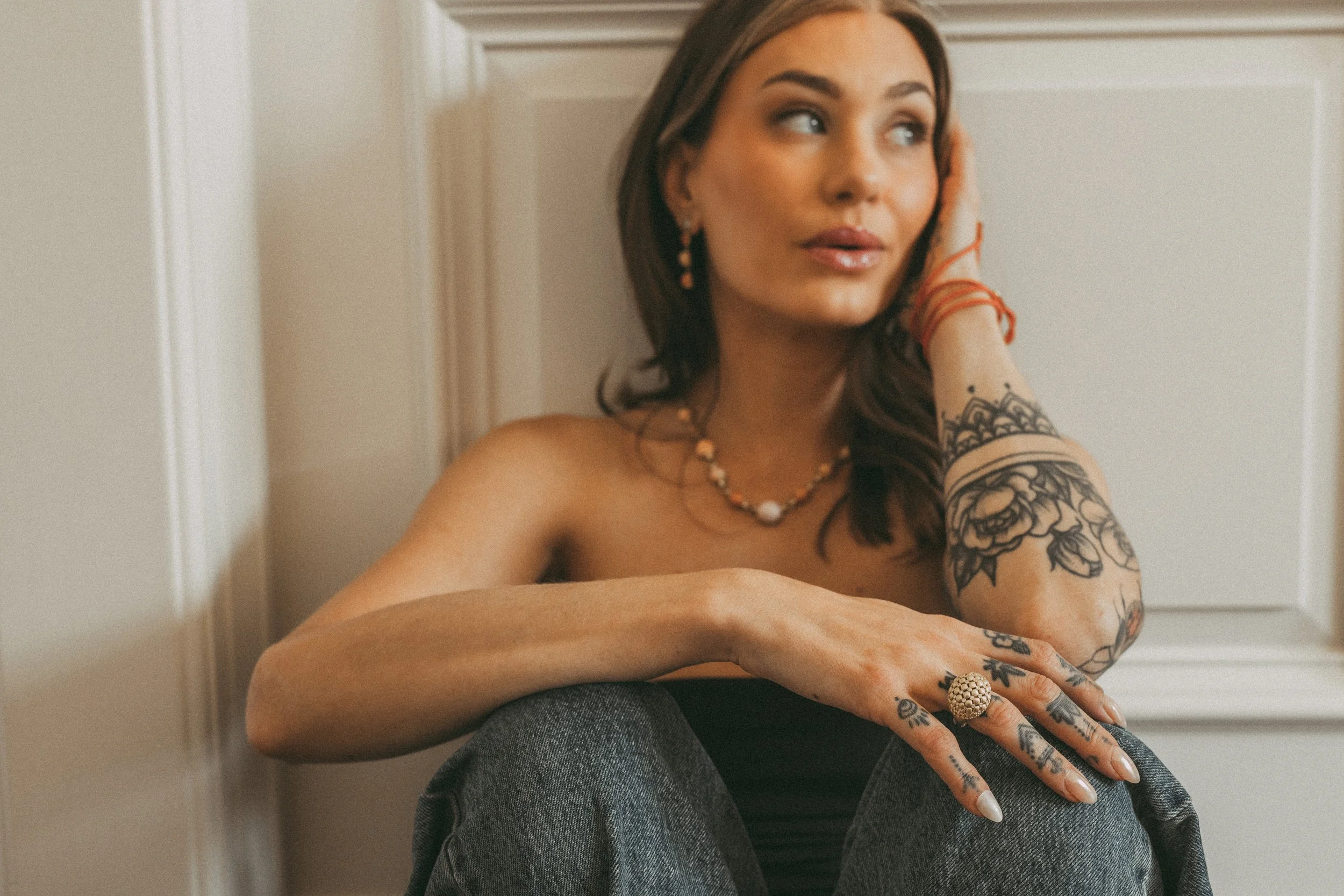 Model wearing Leigh Maxwell Cushion Bombe Ring - Diamond