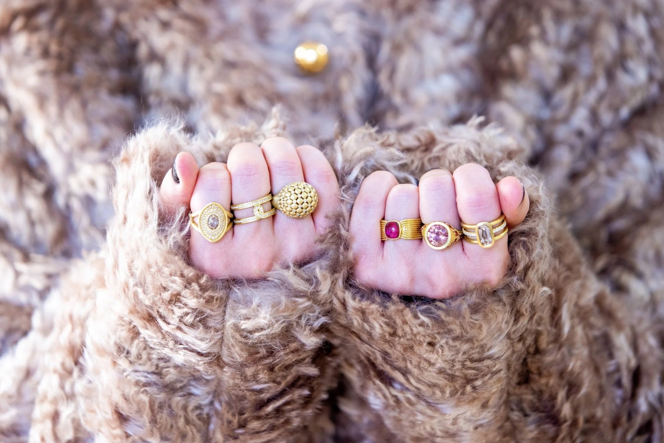 Model wearing Leigh Maxwell Amani Pavé with Rose Cut Shield Ring - Champagne Diamond